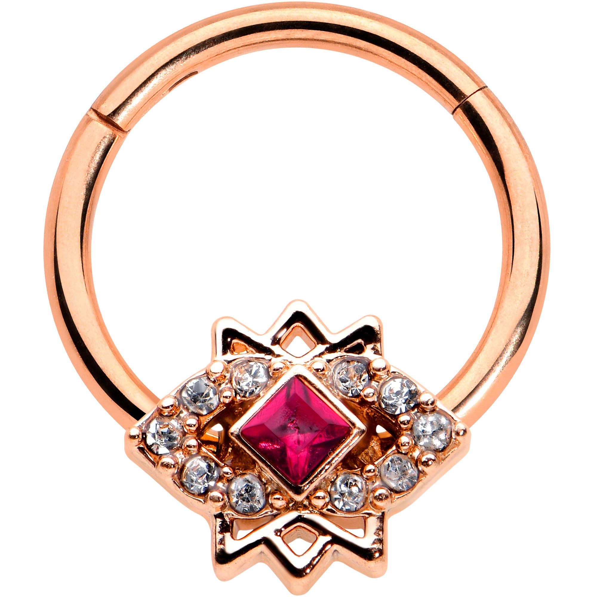 BodyCandy 16G 3/8 Red Gem Rose Gold Tone Octogram Star Hinged Circular Ring — main product shot