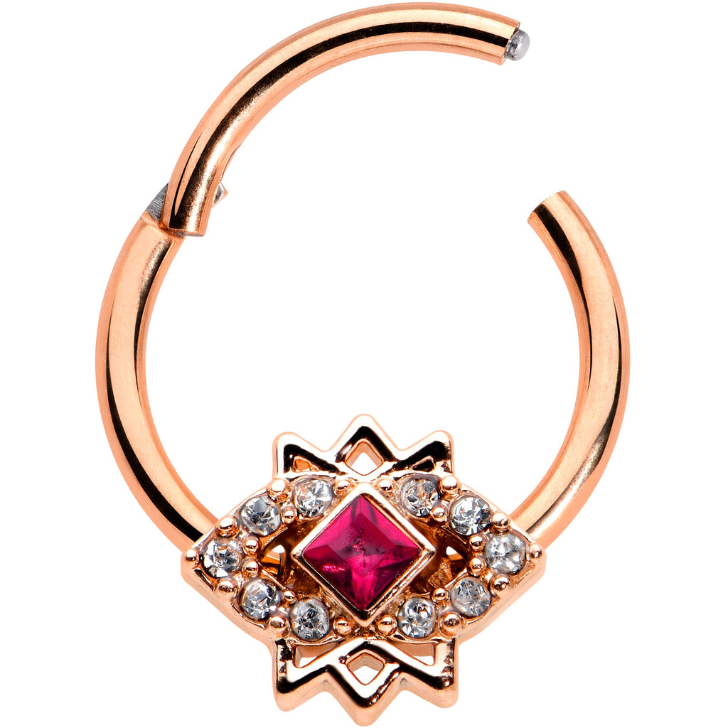 BodyCandy 16G 3/8 Red Gem Rose Gold Tone Octogram Star Hinged Circular Ring — detail close-up