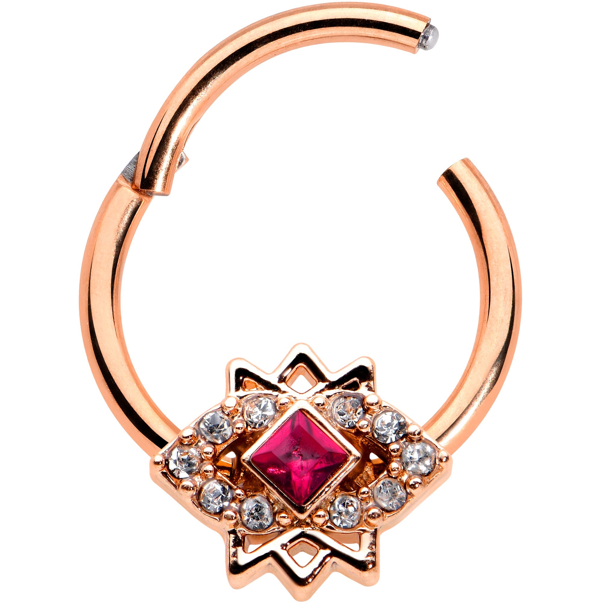 BodyCandy 16G 3/8 Red Gem Rose Gold Tone Octogram Star Hinged Circular Ring — detail close-up