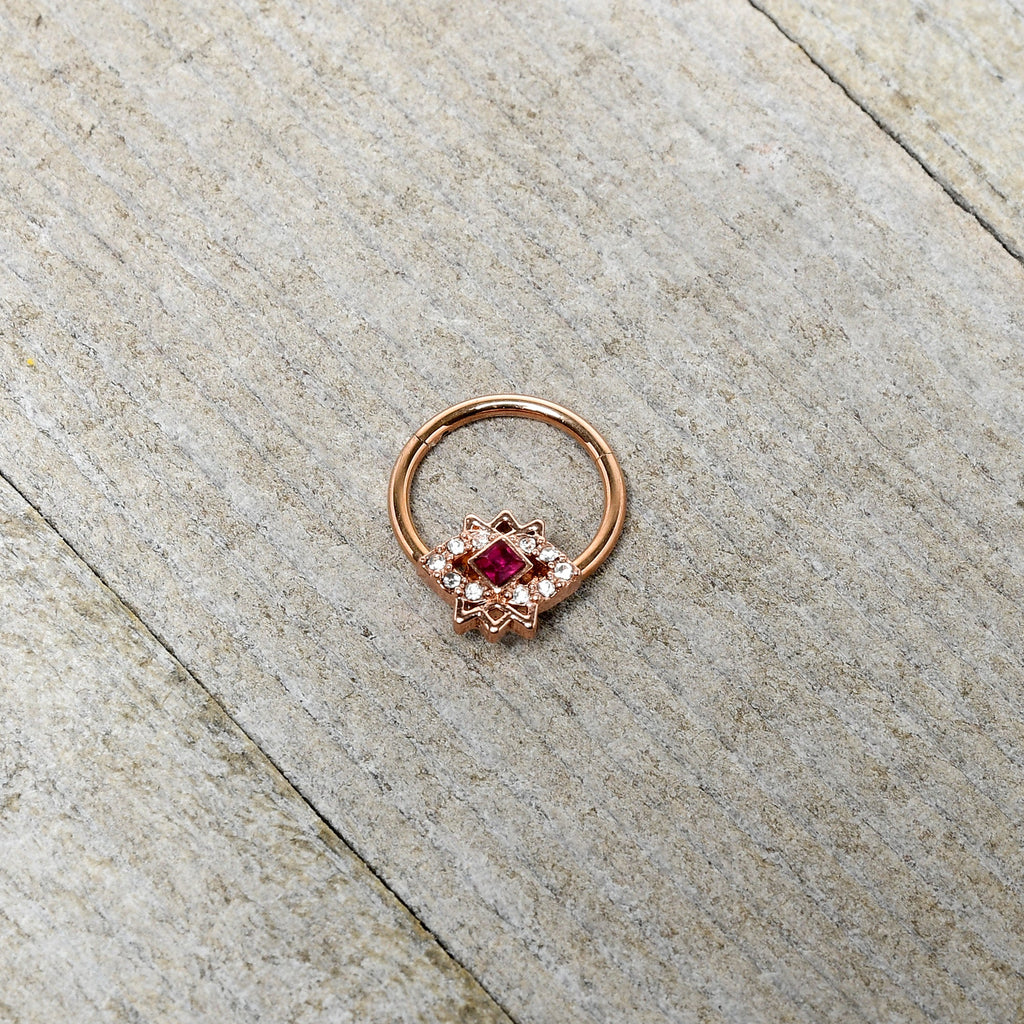 BodyCandy 16G 3/8 Red Gem Rose Gold Tone Octogram Star Hinged Circular Ring — side view