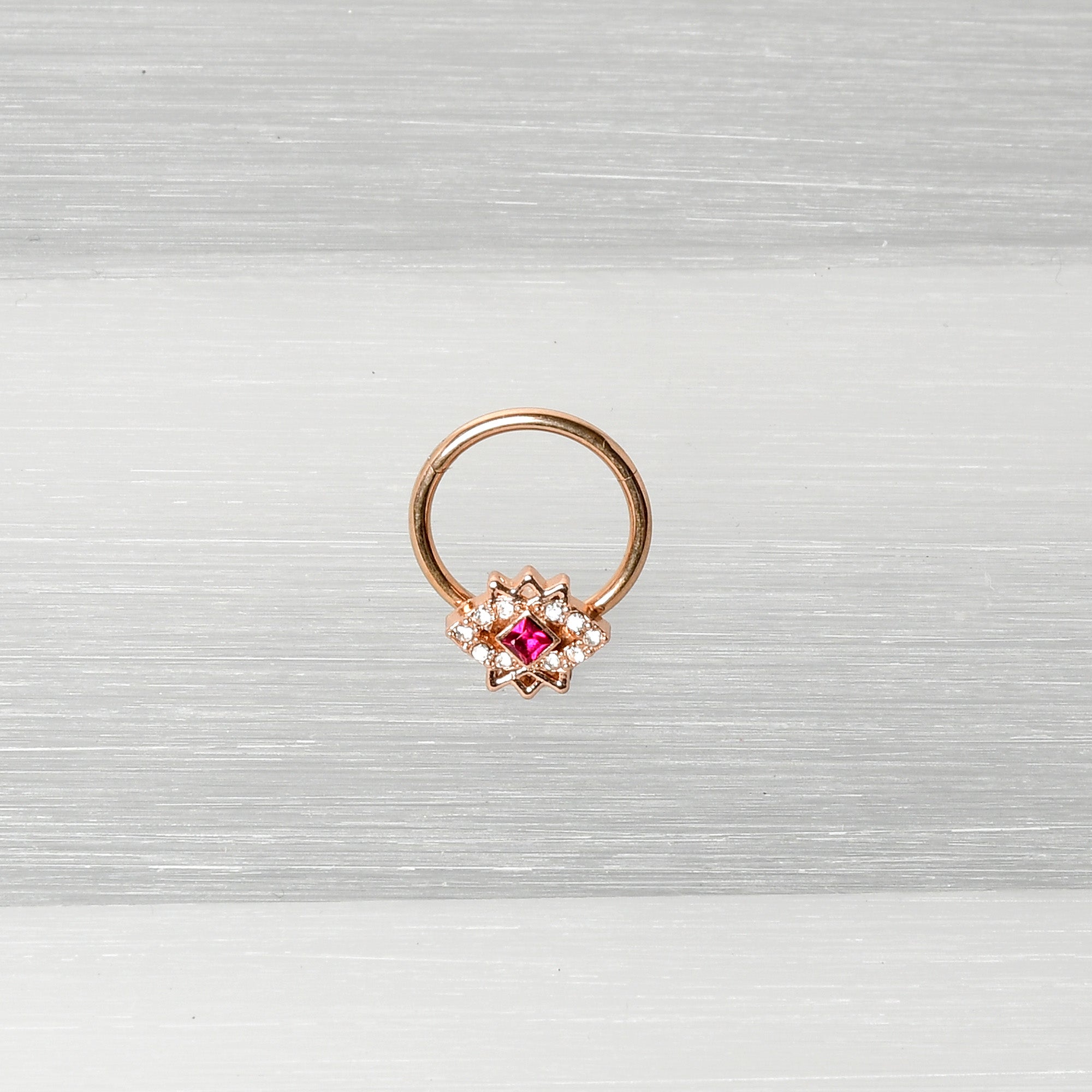 BodyCandy 16G 3/8 Red Gem Rose Gold Tone Octogram Star Hinged Circular Ring — back view