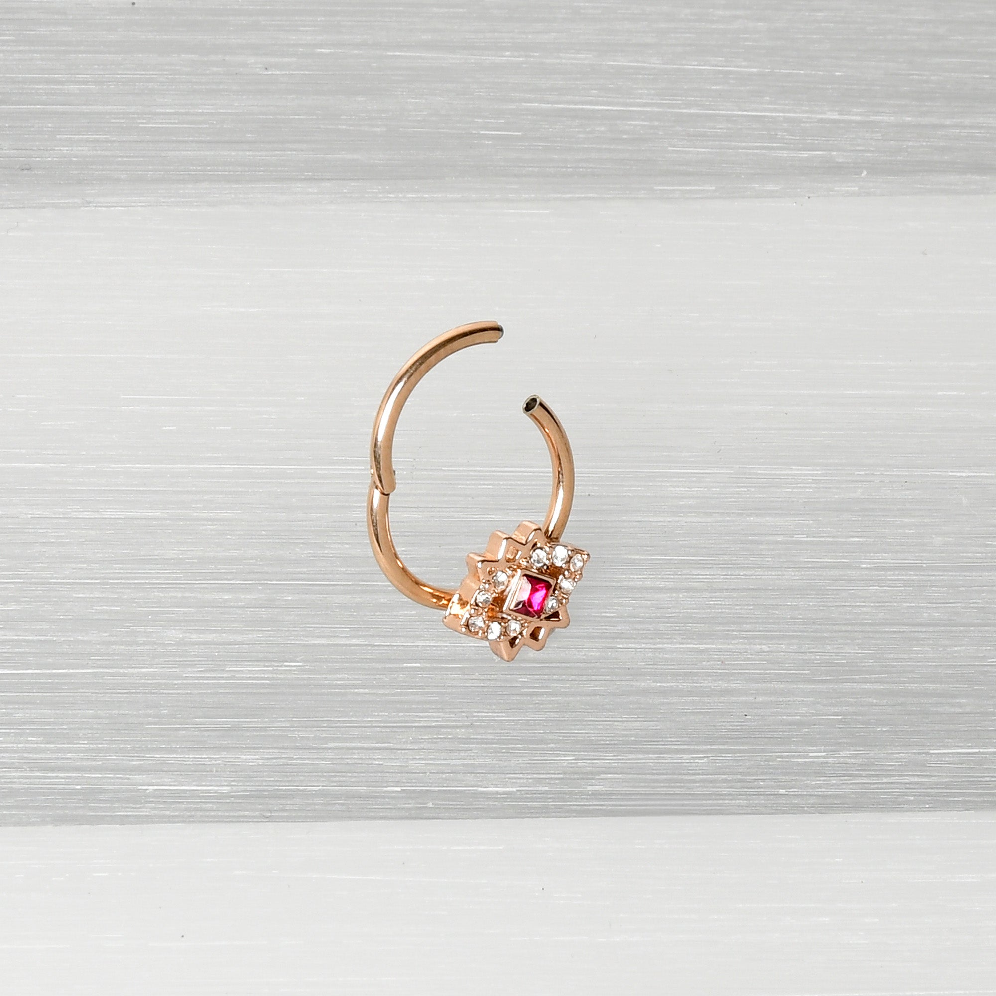 BodyCandy 16G 3/8 Red Gem Rose Gold Tone Octogram Star Hinged Circular Ring — alternative angle