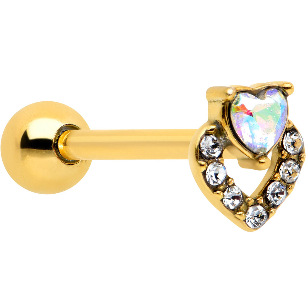 BodyCandy Clear CZ Gem Gold Tone Double Valentine Heart Barbell Tongue Ring — main product shot