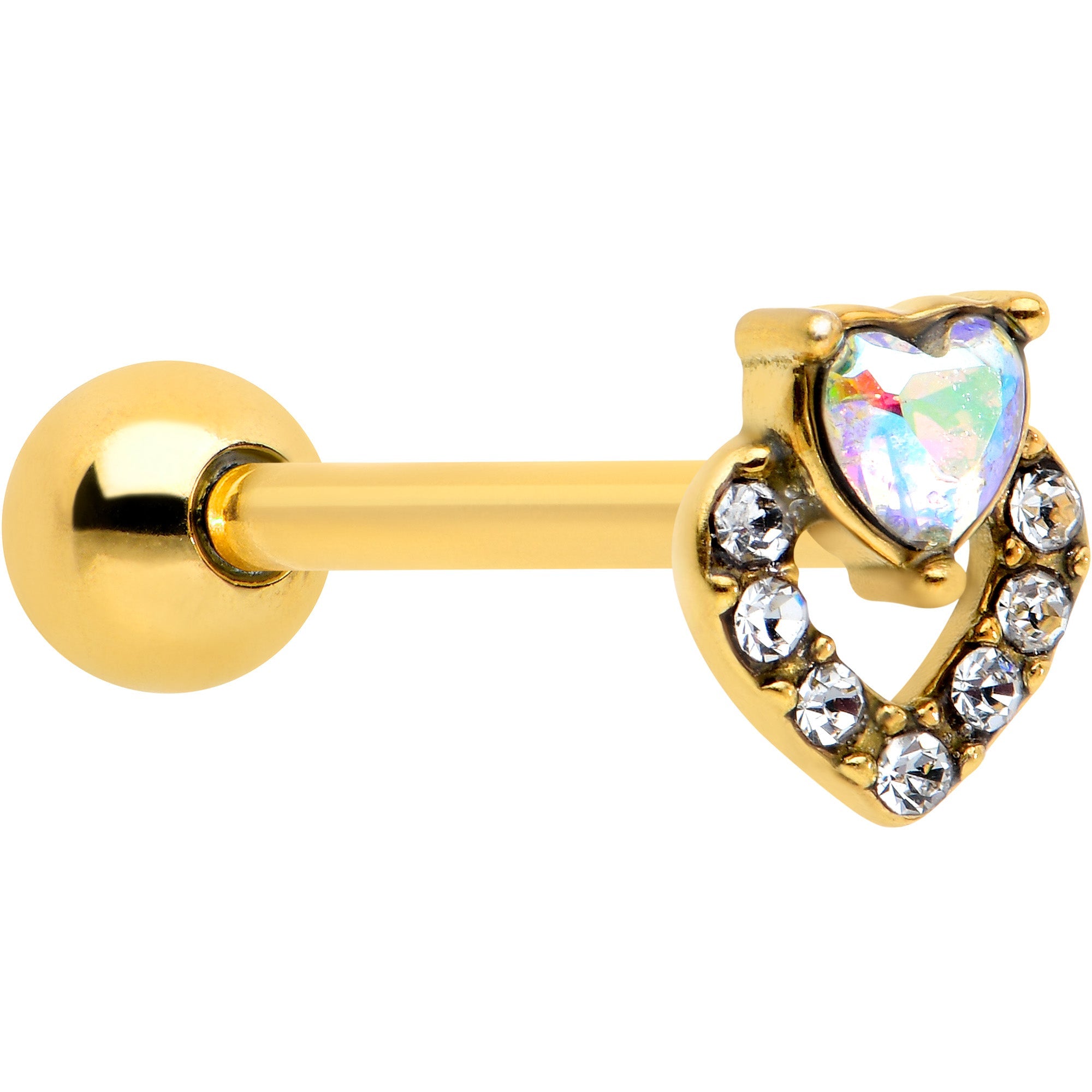 BodyCandy Clear CZ Gem Gold Tone Double Valentine Heart Barbell Tongue Ring — main product shot