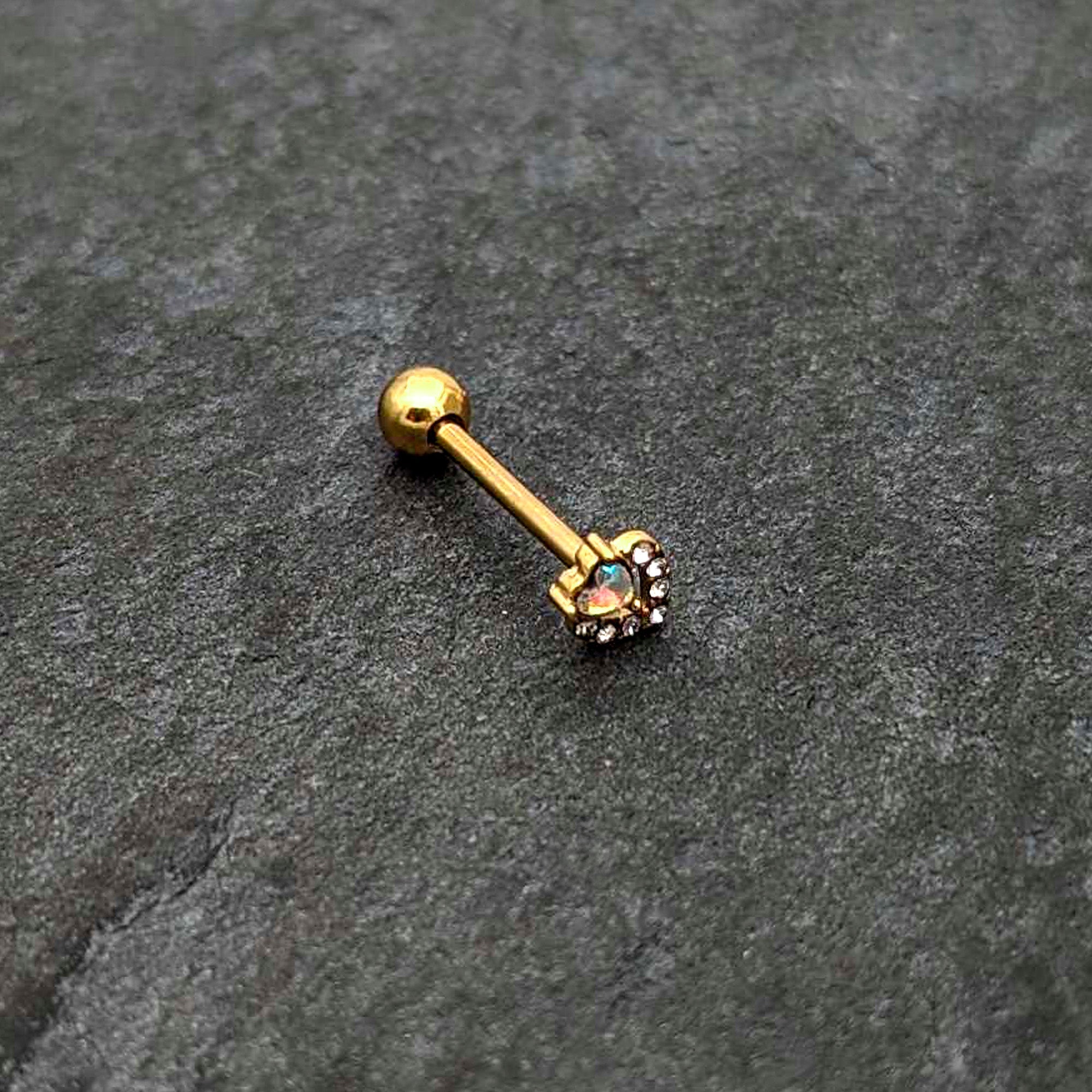BodyCandy Clear CZ Gem Gold Tone Double Valentine Heart Barbell Tongue Ring — in-use photo