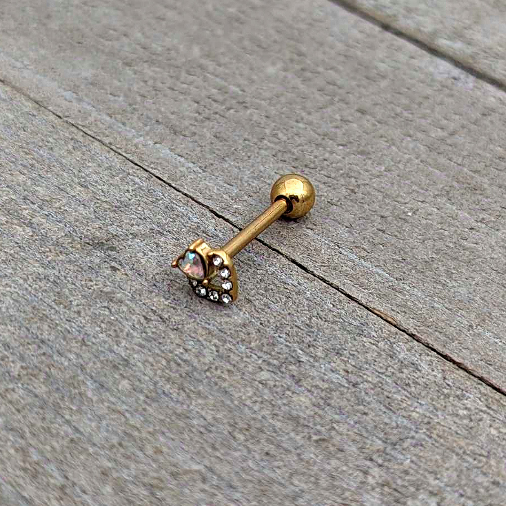 BodyCandy Clear CZ Gem Gold Tone Double Valentine Heart Barbell Tongue Ring — size reference