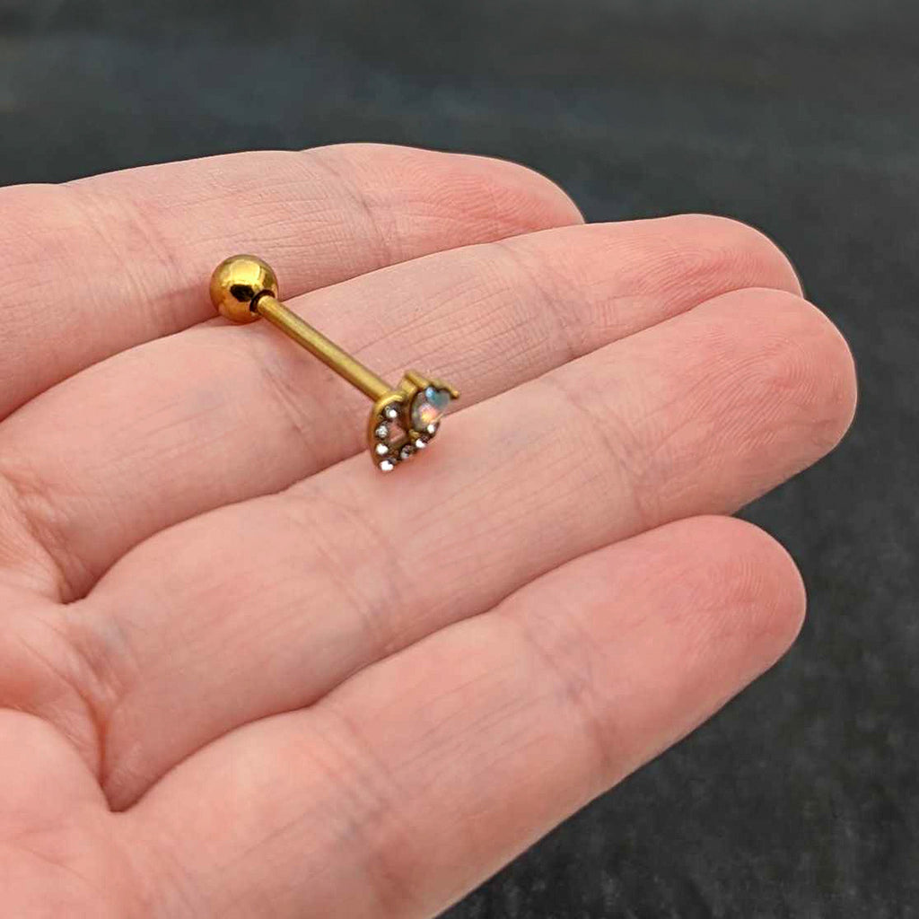 BodyCandy Clear CZ Gem Gold Tone Double Valentine Heart Barbell Tongue Ring — color detail