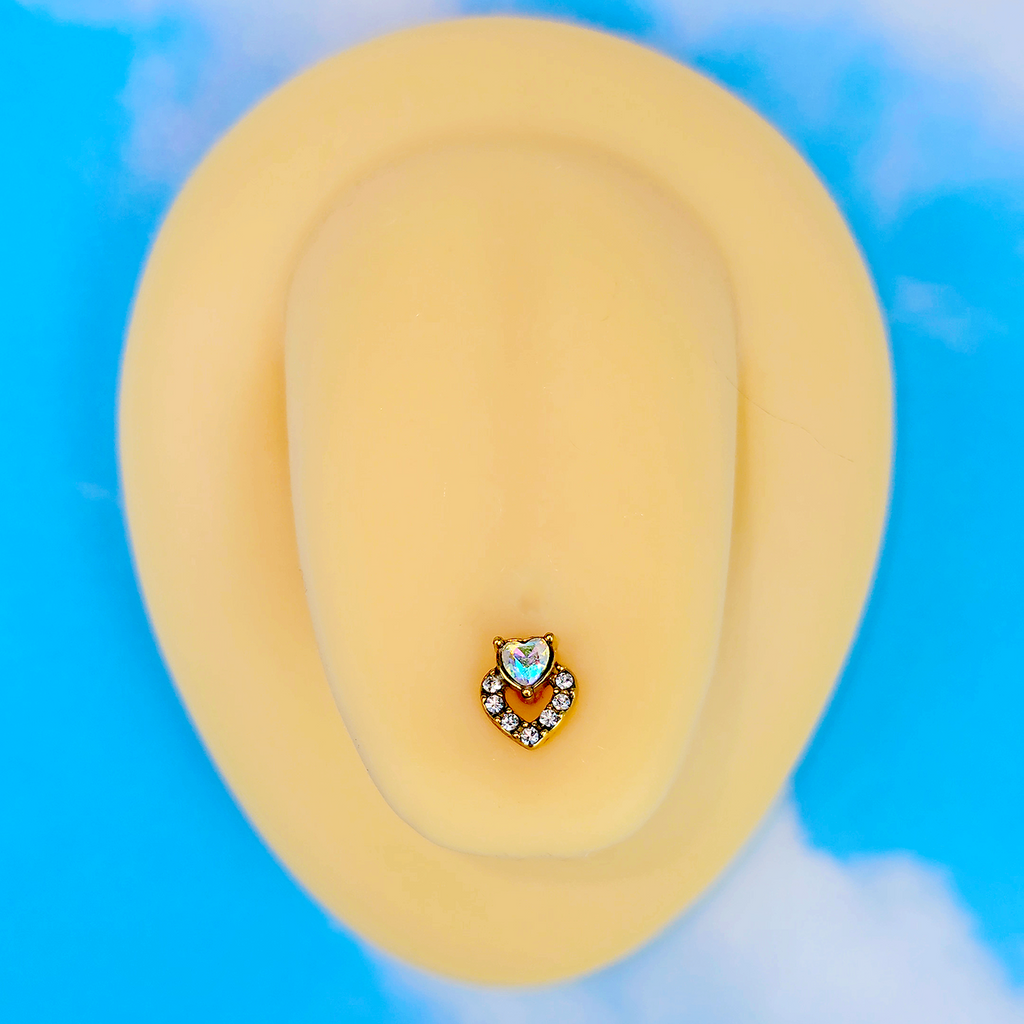 BodyCandy Clear CZ Gem Gold Tone Double Valentine Heart Barbell Tongue Ring — alternative angle