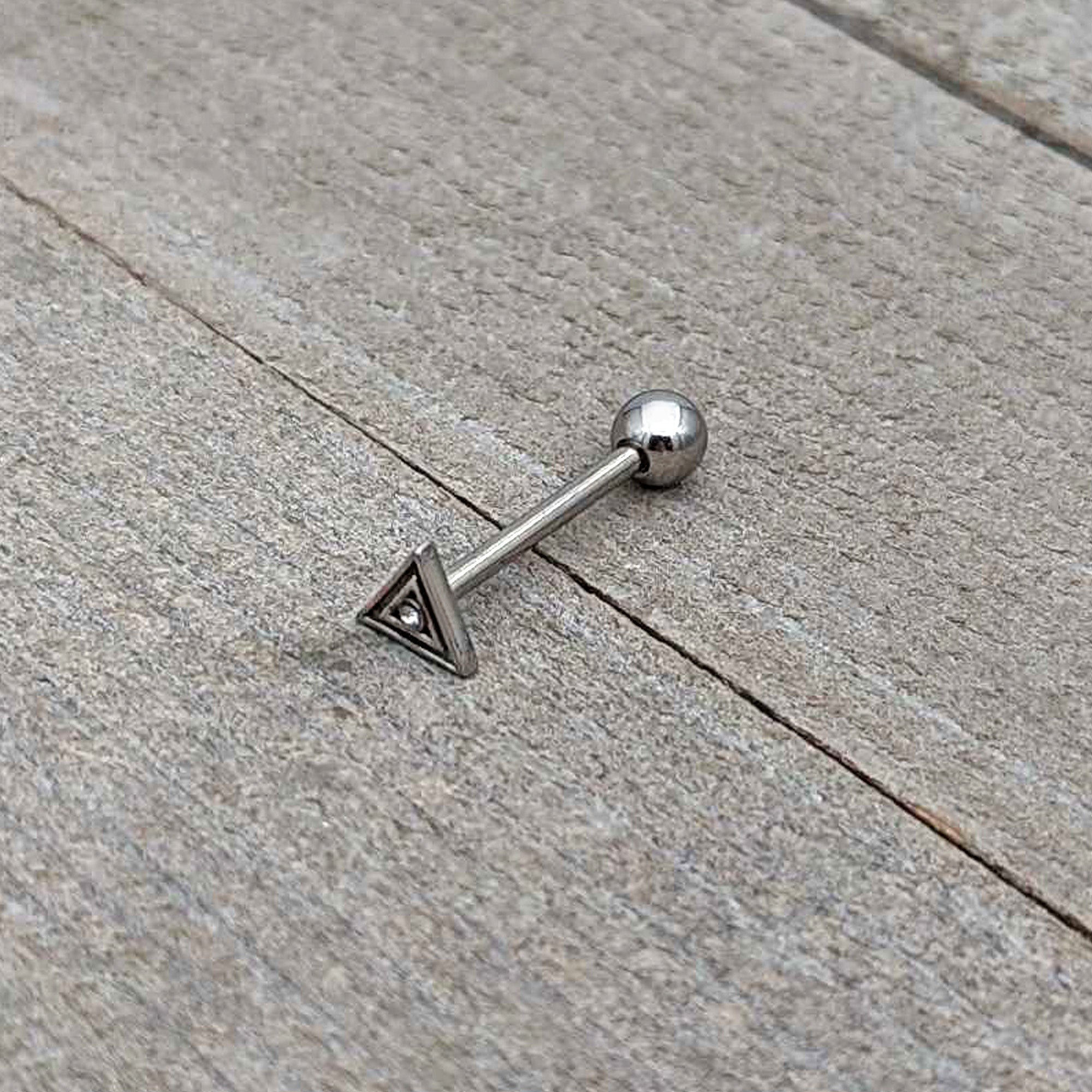 BodyCandy Clear Gem Double Triangle Barbell Tongue Ring — in-use photo