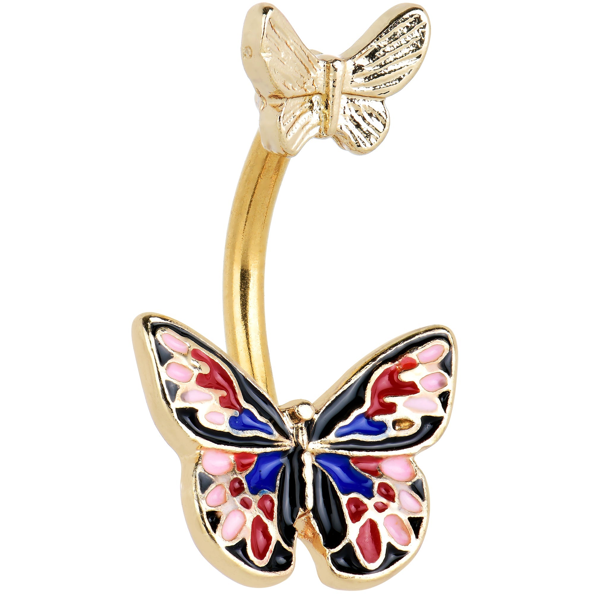BodyCandy Gold Tone Colorful Butterfly Pair Red Blue Double Mount Belly Ring — main product shot