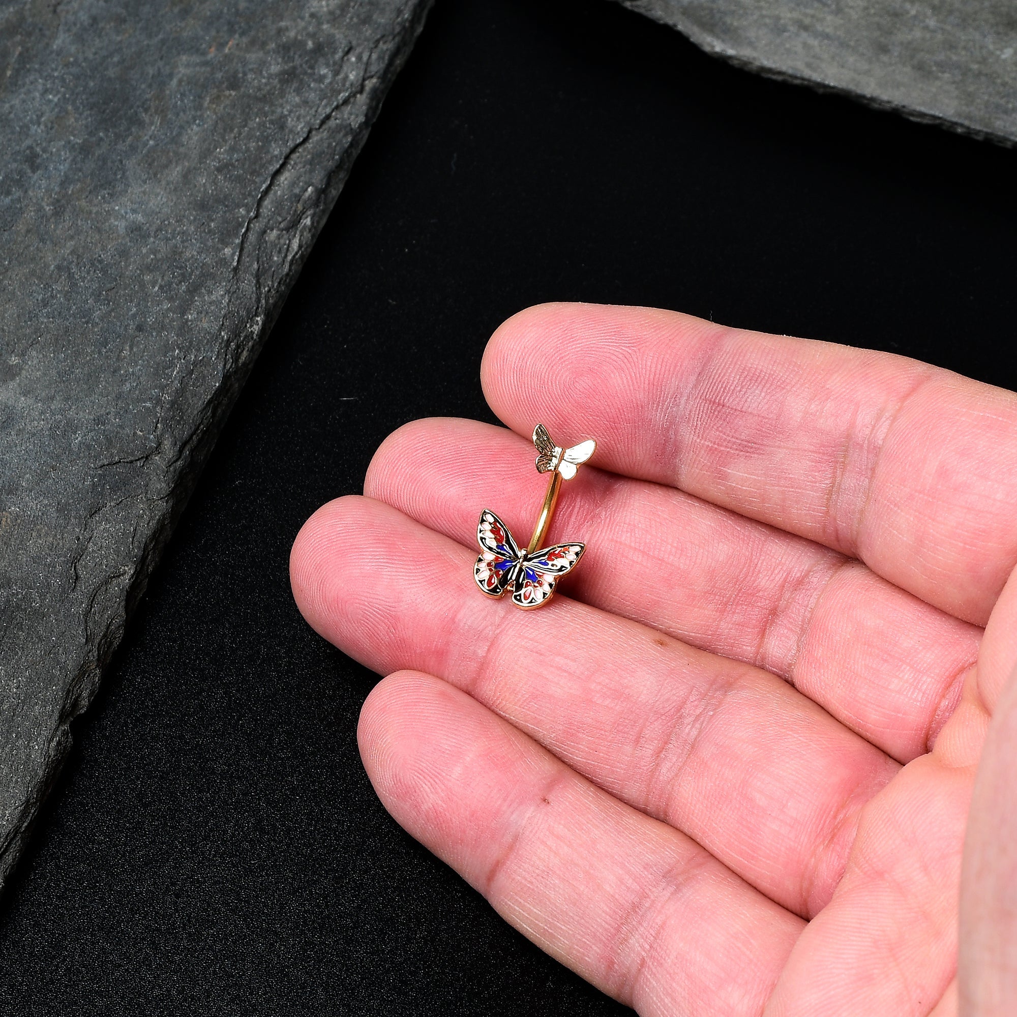 BodyCandy Gold Tone Colorful Butterfly Pair Red Blue Double Mount Belly Ring — detail close-up
