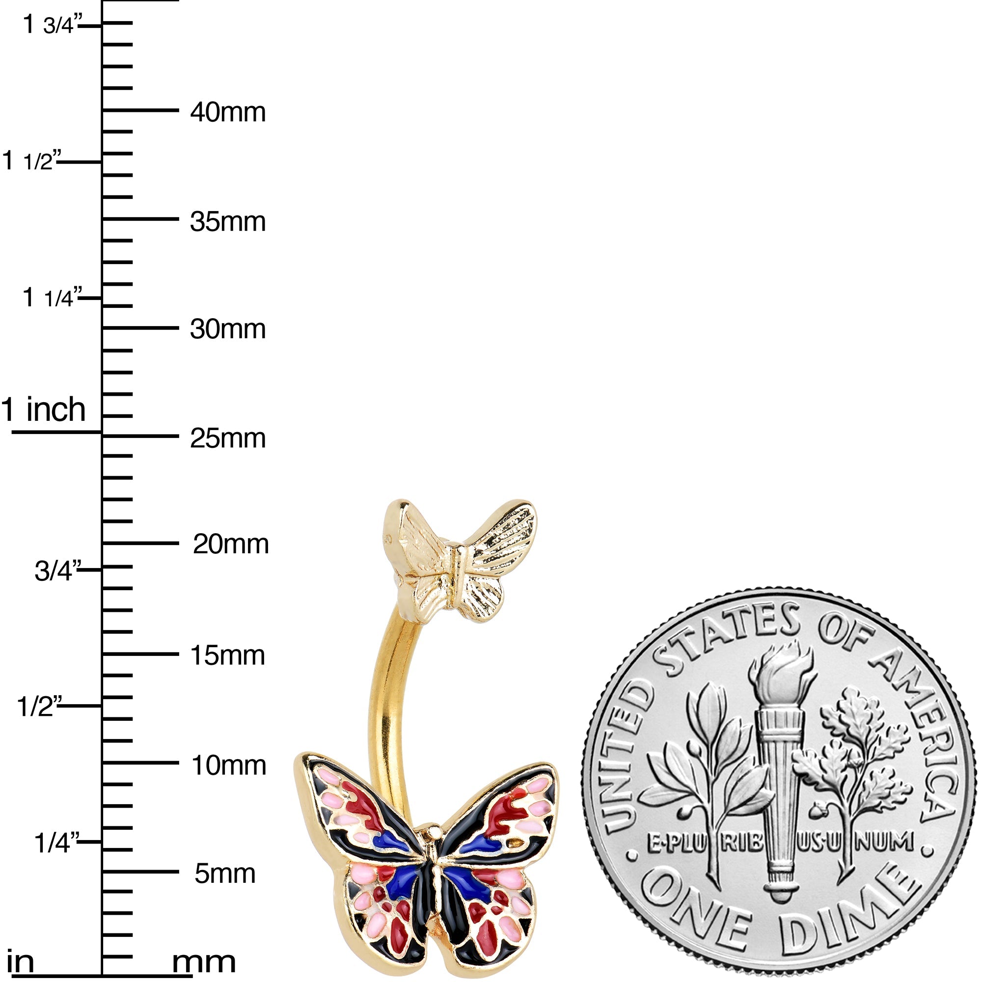 BodyCandy Gold Tone Colorful Butterfly Pair Red Blue Double Mount Belly Ring — lifestyle context