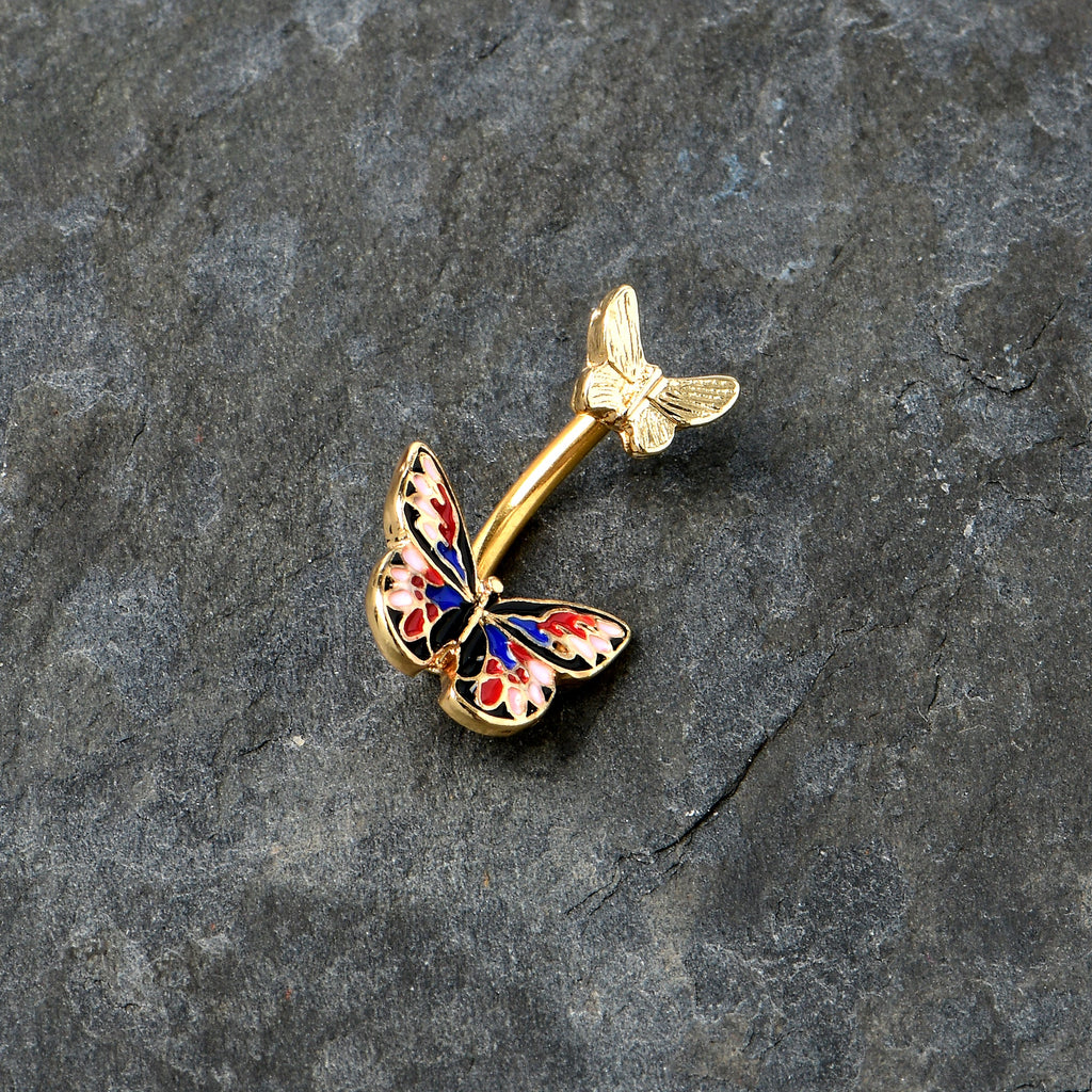 BodyCandy Gold Tone Colorful Butterfly Pair Red Blue Double Mount Belly Ring — side view