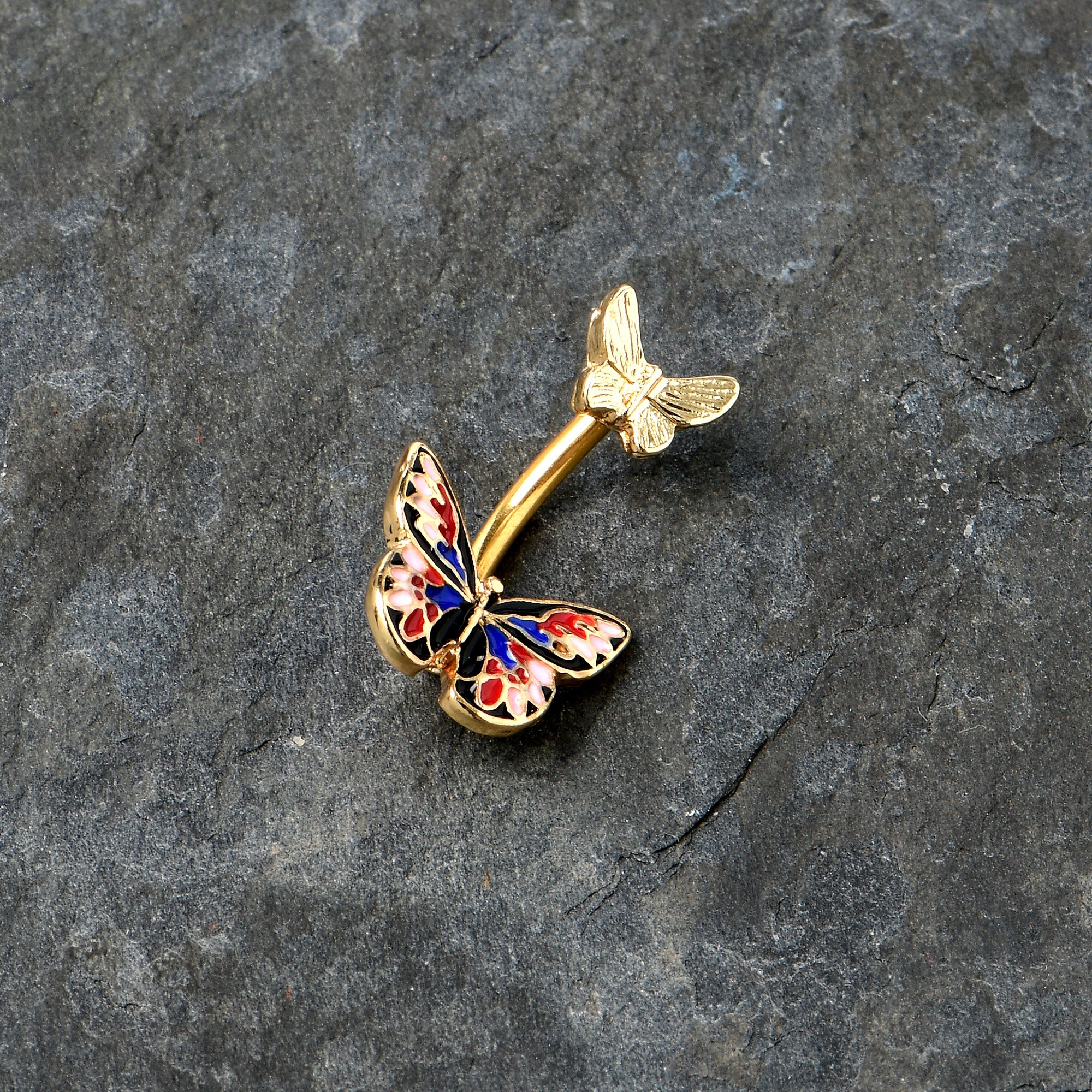 BodyCandy Gold Tone Colorful Butterfly Pair Red Blue Double Mount Belly Ring — side view
