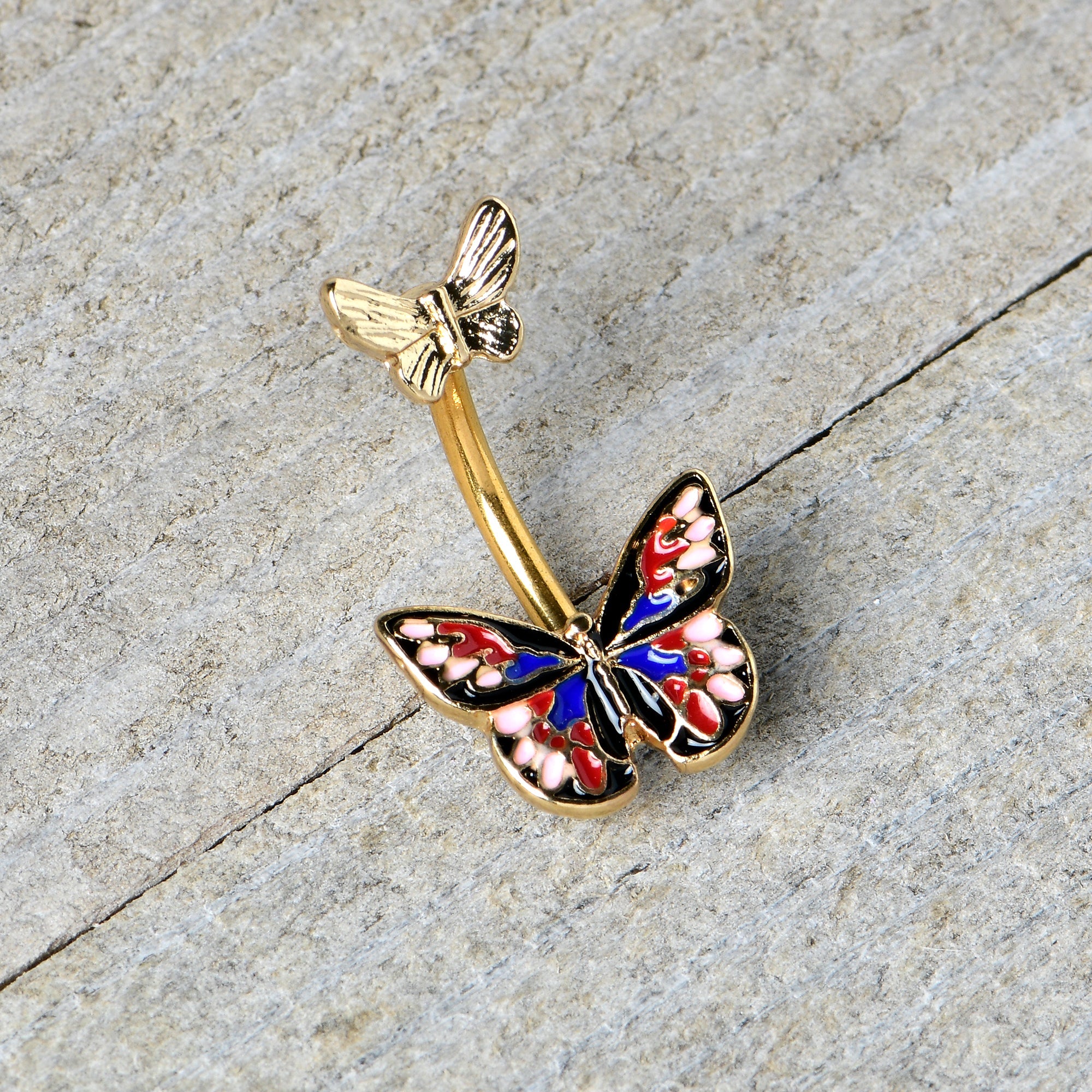 BodyCandy Gold Tone Colorful Butterfly Pair Red Blue Double Mount Belly Ring — alternative angle