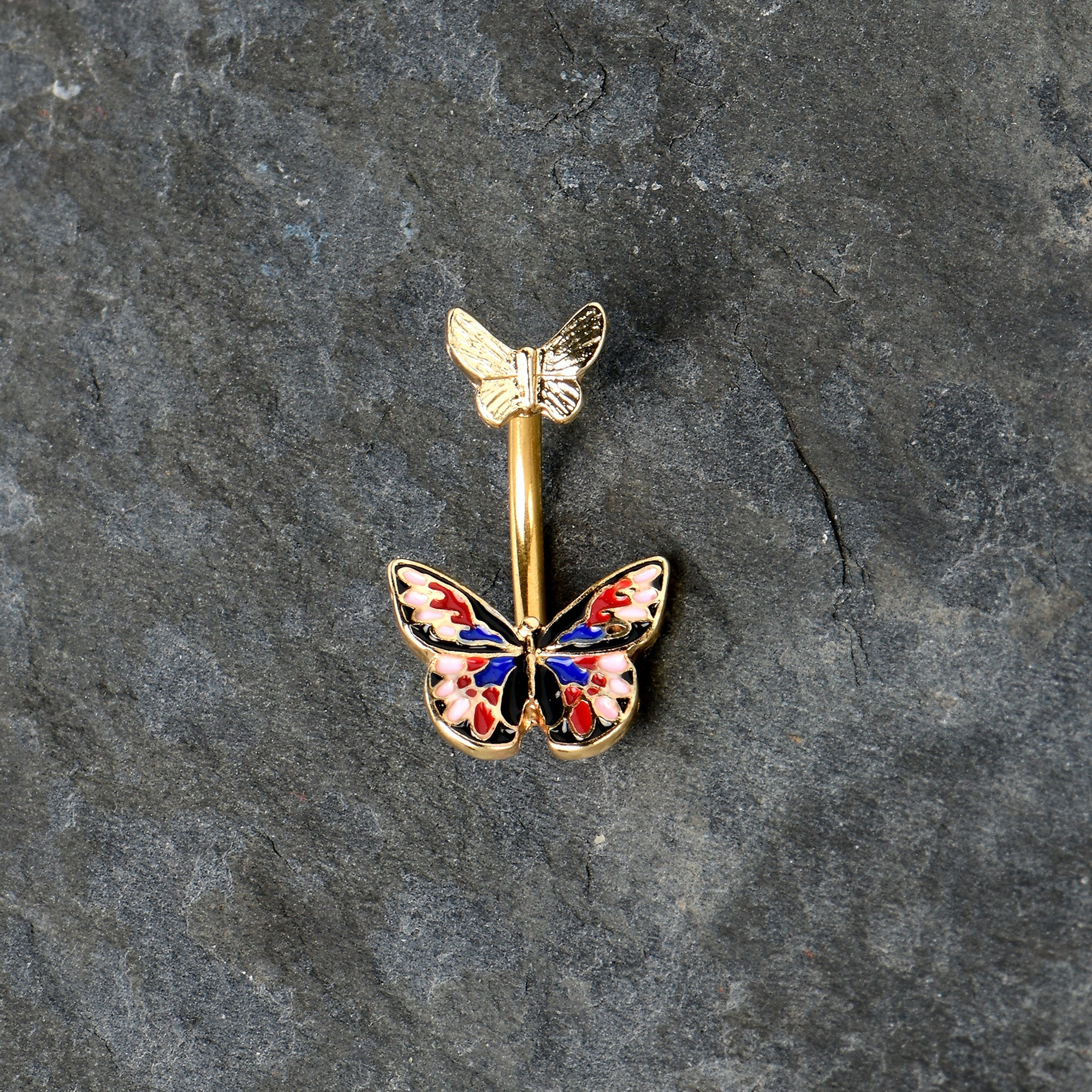 BodyCandy Gold Tone Colorful Butterfly Pair Red Blue Double Mount Belly Ring — size reference