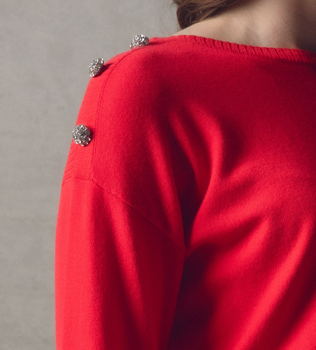 KADOU BOUTIQUE Rhinestone-Button Red Sweater — lifestyle context