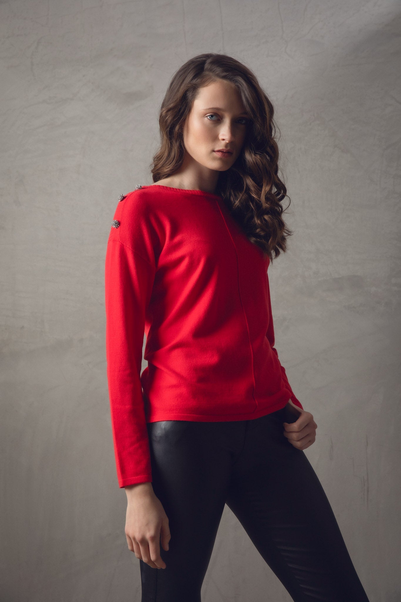 KADOU BOUTIQUE Rhinestone-Button Red Sweater — main product shot