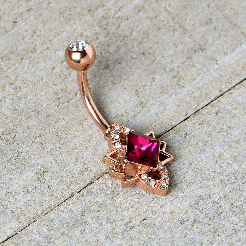 BodyCandy Clear Red Gem Rose Gold Tone Octagram Star Belly Ring — back view