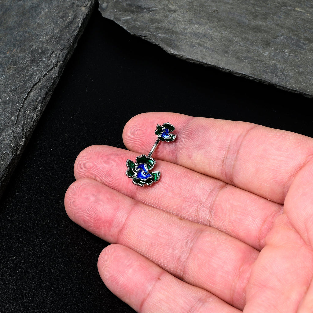 BodyCandy Spring Flower Green Blue Double Mount Belly Ring — detail close-up