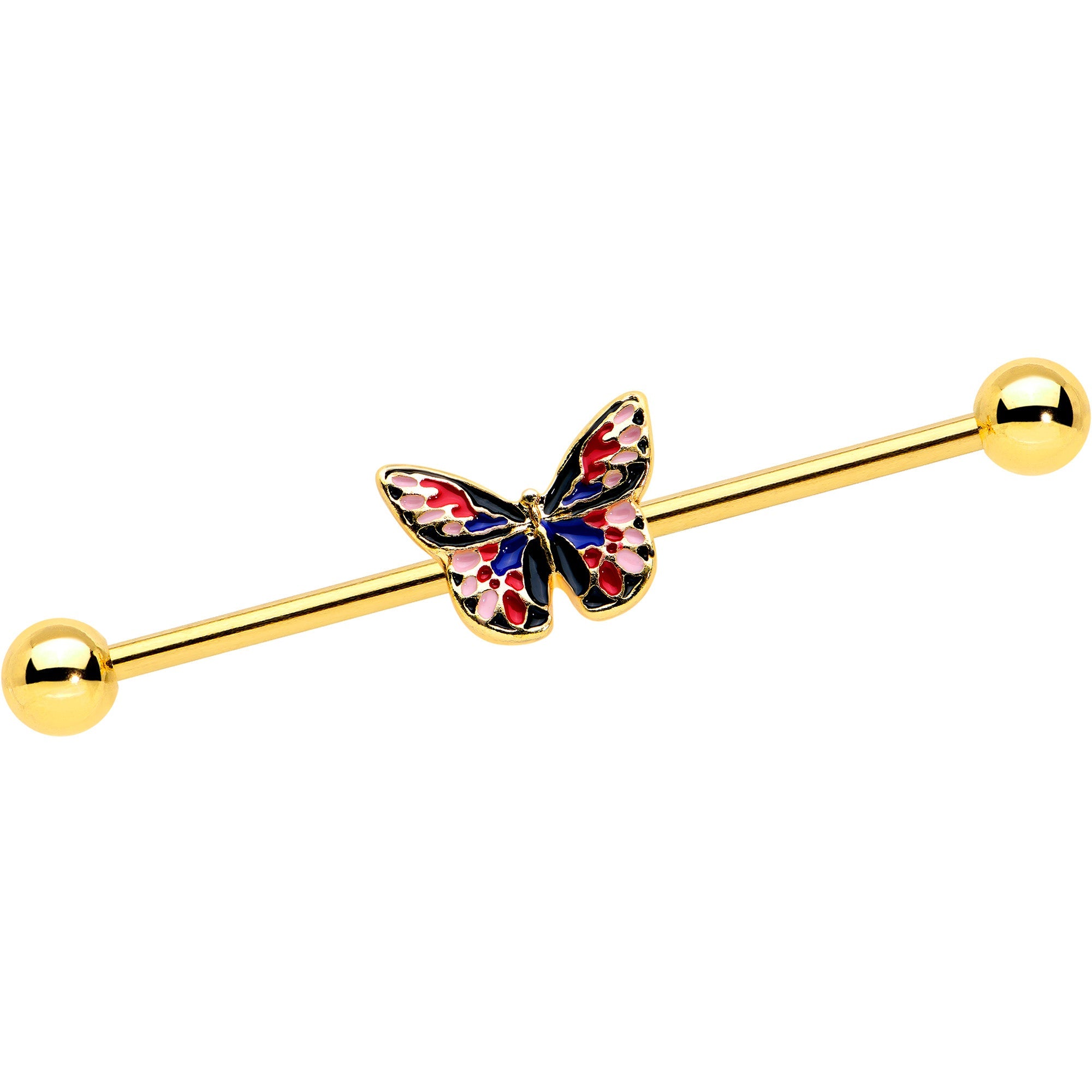 BodyCandy 14G Gold Tone Red Blue Pink Butterfly Industrial Barbell 38mm — main product shot