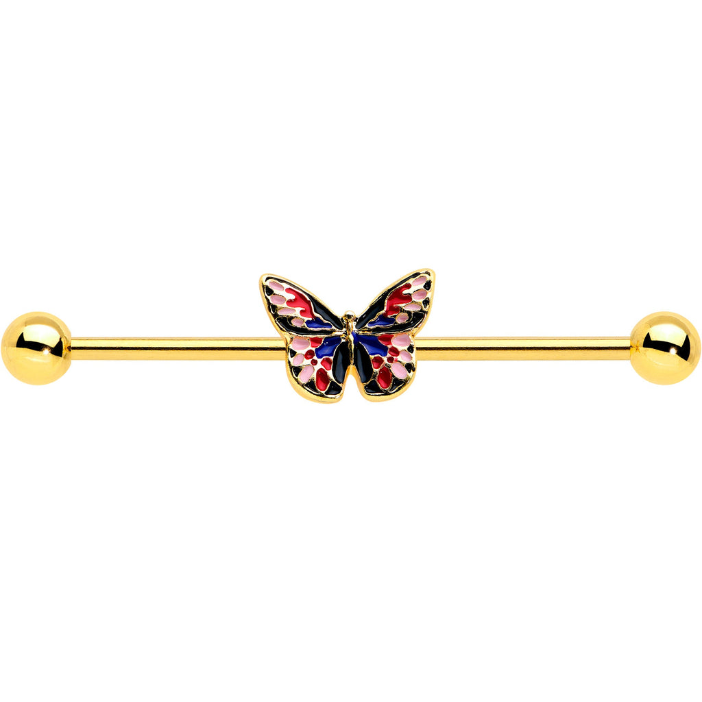 BodyCandy 14G Gold Tone Red Blue Pink Butterfly Industrial Barbell 38mm — detail close-up
