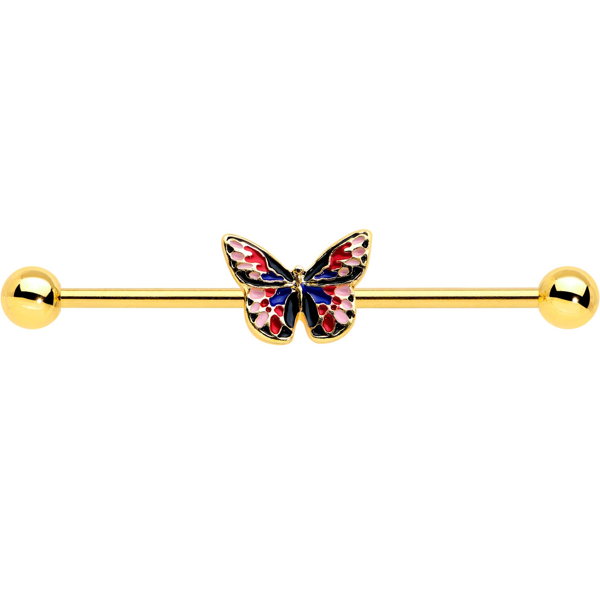 BodyCandy 14G Gold Tone Red Blue Pink Butterfly Industrial Barbell 38mm — detail close-up