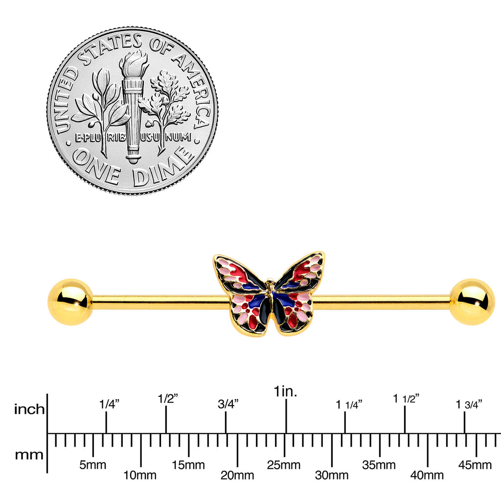 BodyCandy 14G Gold Tone Red Blue Pink Butterfly Industrial Barbell 38mm — lifestyle context