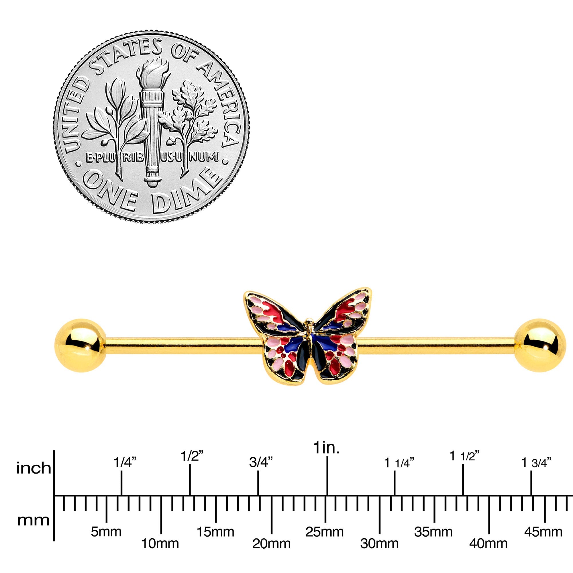 BodyCandy 14G Gold Tone Red Blue Pink Butterfly Industrial Barbell 38mm — lifestyle context