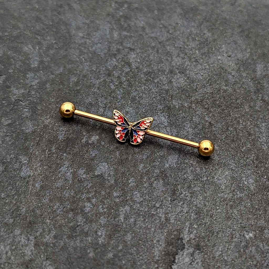 BodyCandy 14G Gold Tone Red Blue Pink Butterfly Industrial Barbell 38mm — side view
