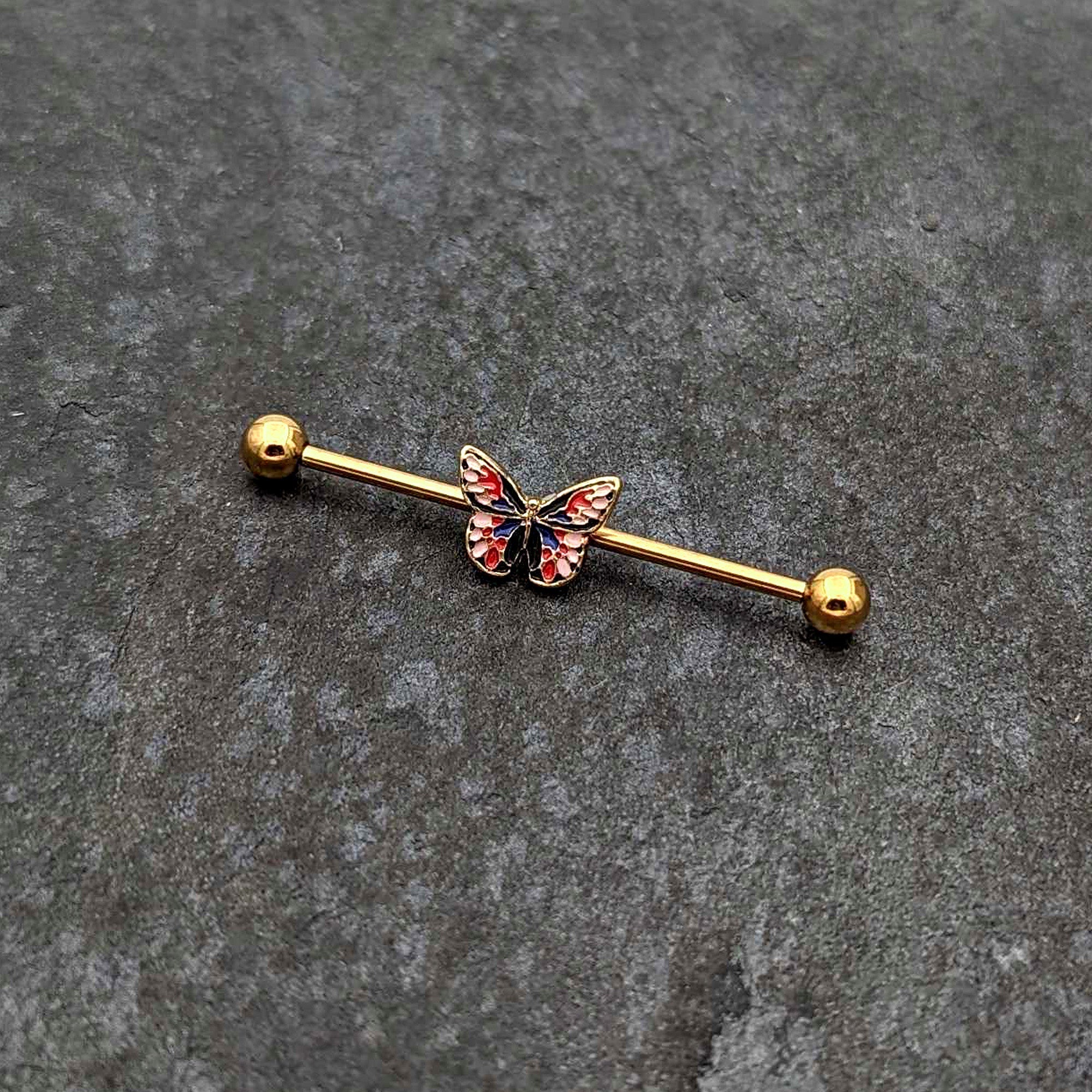 BodyCandy 14G Gold Tone Red Blue Pink Butterfly Industrial Barbell 38mm — side view