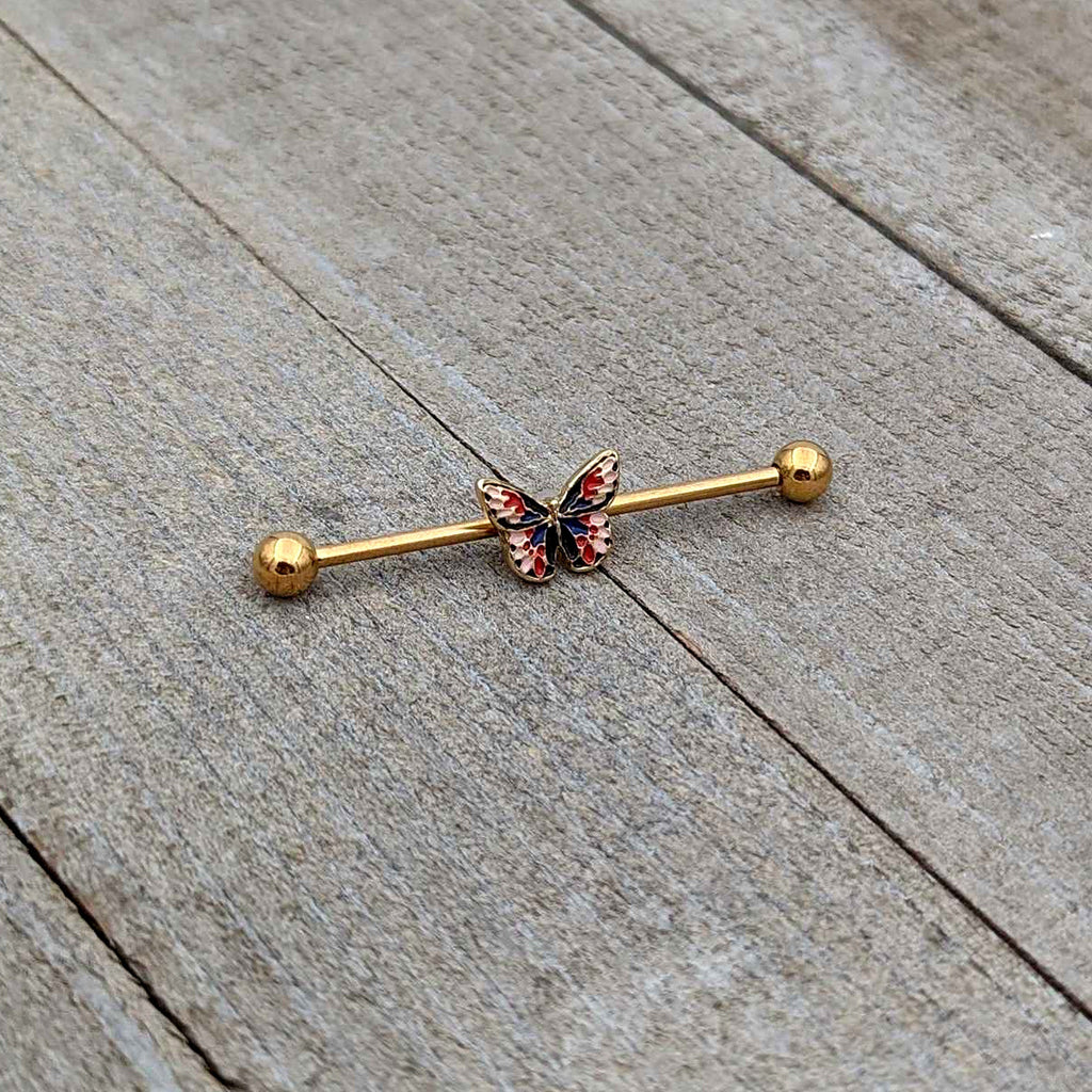 BodyCandy 14G Gold Tone Red Blue Pink Butterfly Industrial Barbell 38mm — back view