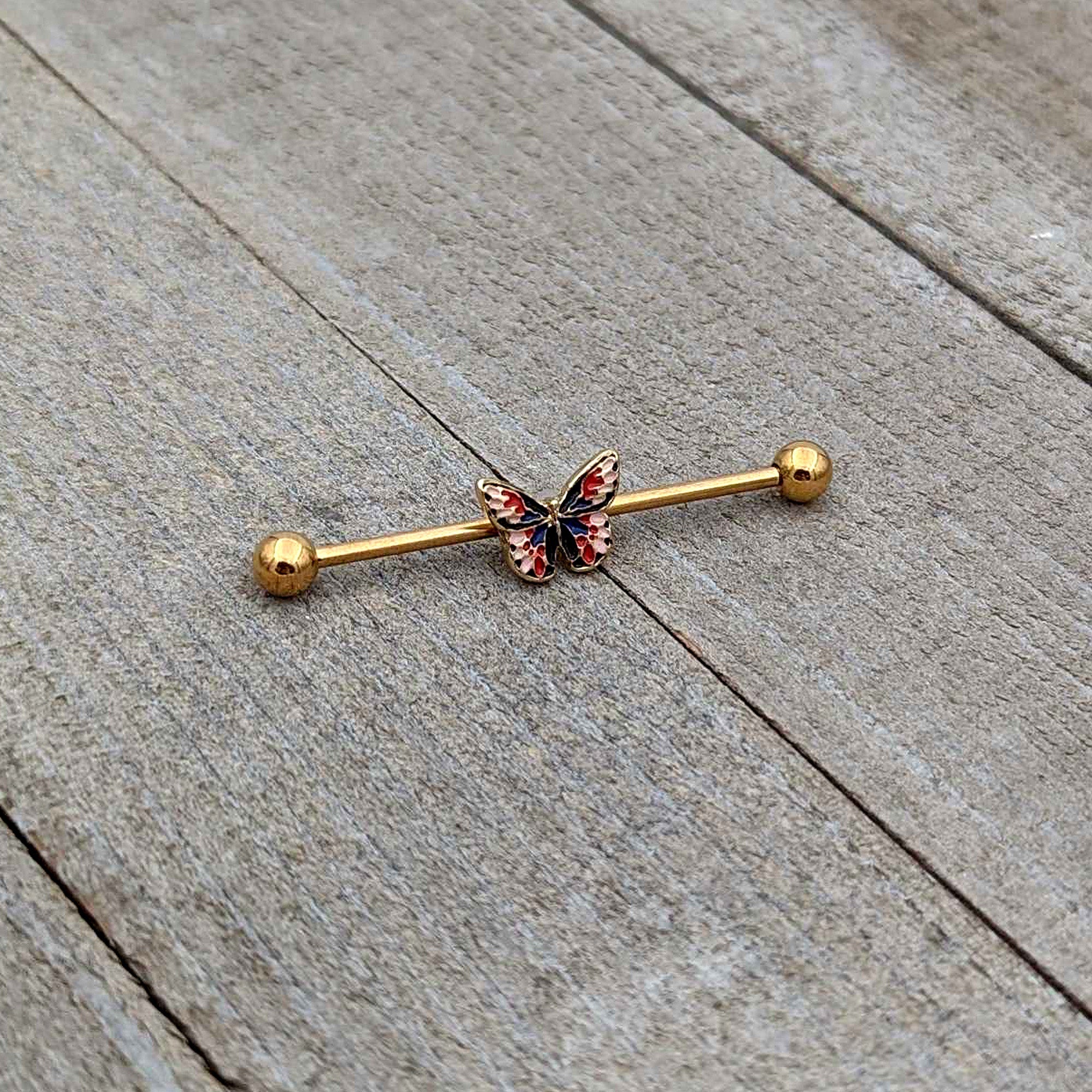 BodyCandy 14G Gold Tone Red Blue Pink Butterfly Industrial Barbell 38mm — back view