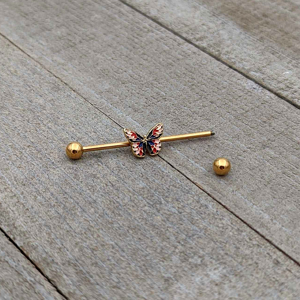 BodyCandy 14G Gold Tone Red Blue Pink Butterfly Industrial Barbell 38mm — alternative angle