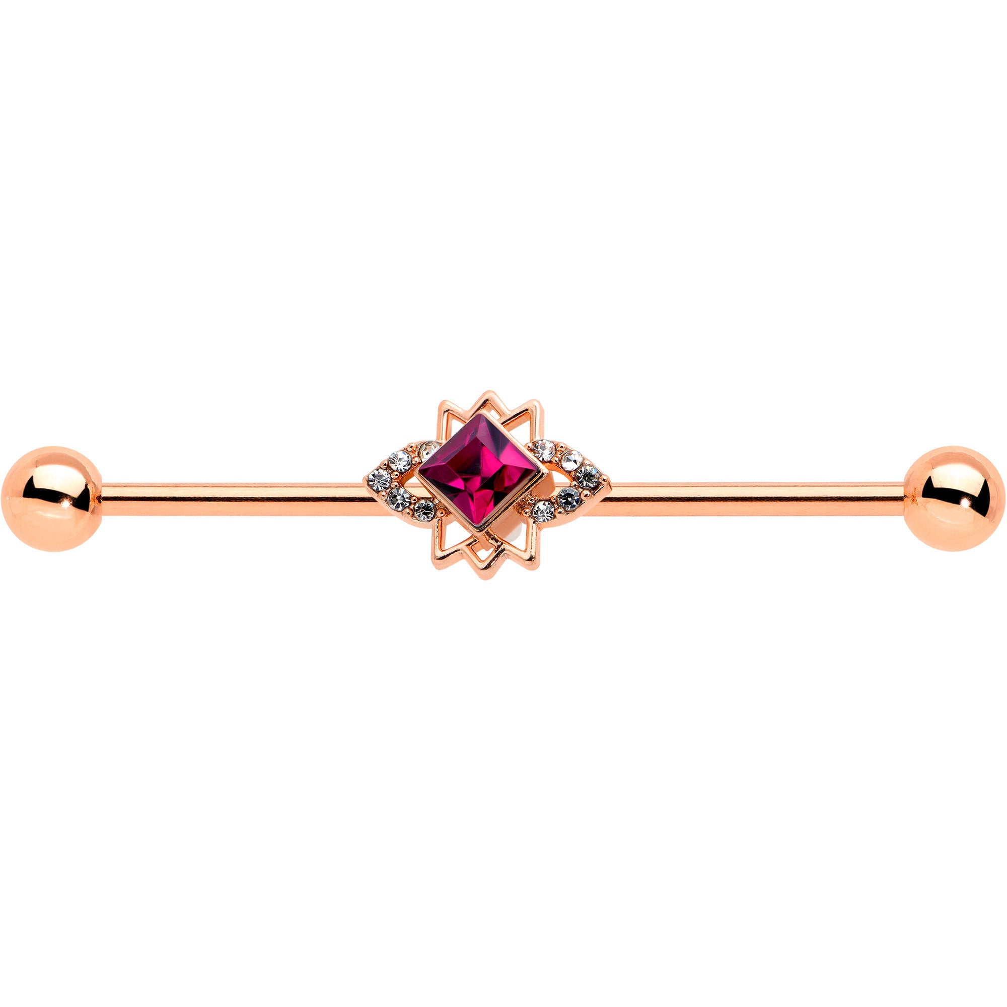 BodyCandy 14G Red Gem Rose Gold Tone Octogram Star Industrial Barbell 38mm — detail close-up
