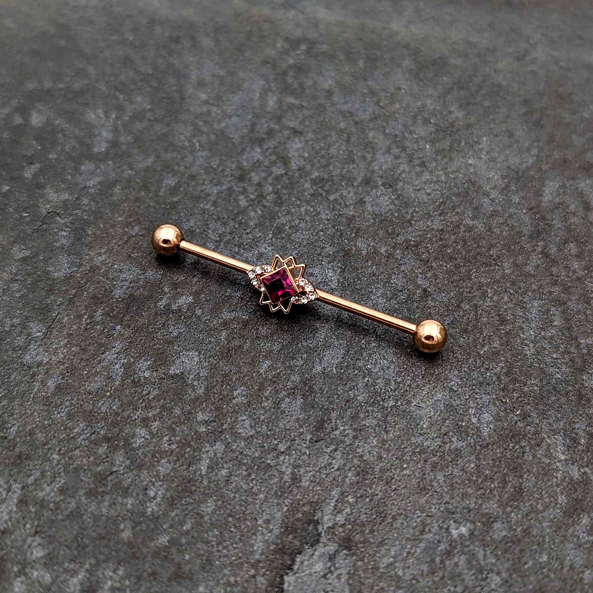 BodyCandy 14G Red Gem Rose Gold Tone Octogram Star Industrial Barbell 38mm — side view