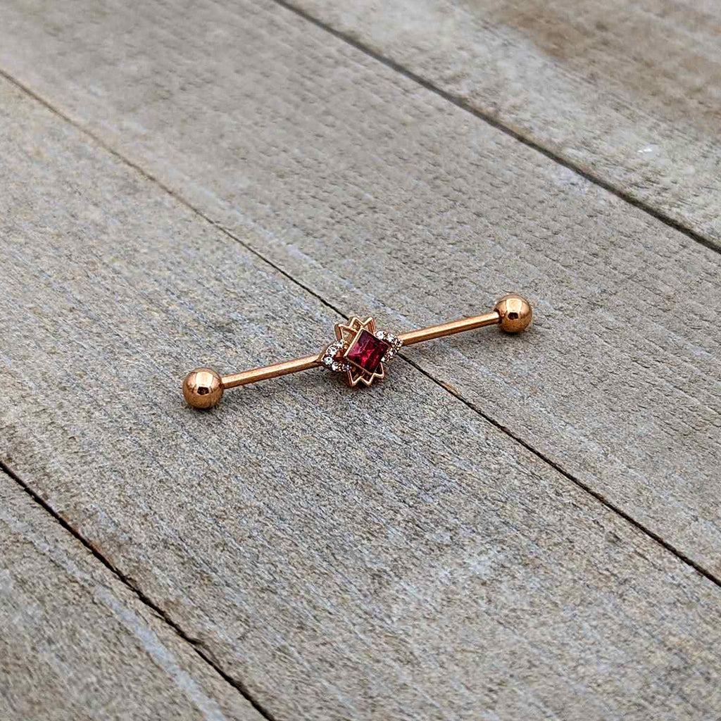 BodyCandy 14G Red Gem Rose Gold Tone Octogram Star Industrial Barbell 38mm — back view