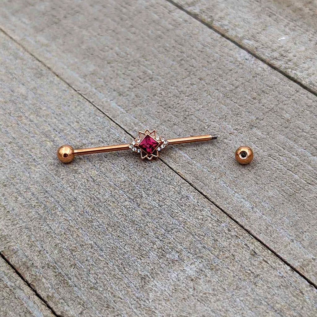 BodyCandy 14G Red Gem Rose Gold Tone Octogram Star Industrial Barbell 38mm — alternative angle
