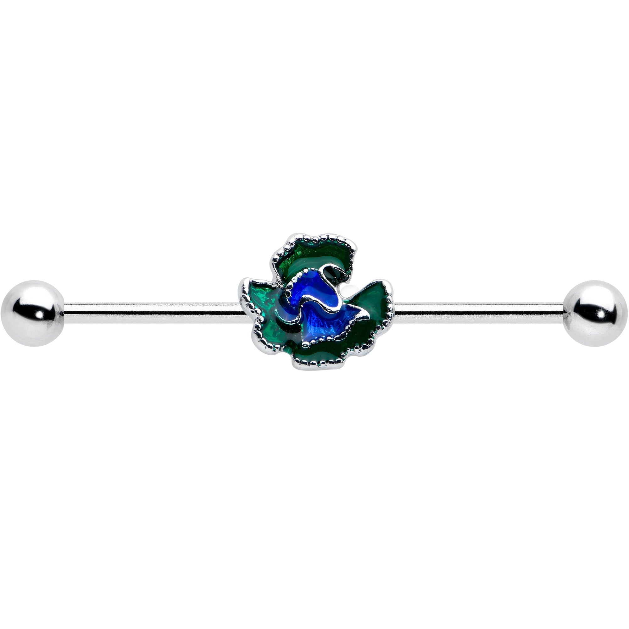 BodyCandy 14G Spring Flower Green Blue Industrial Barbell 38mm — detail close-up