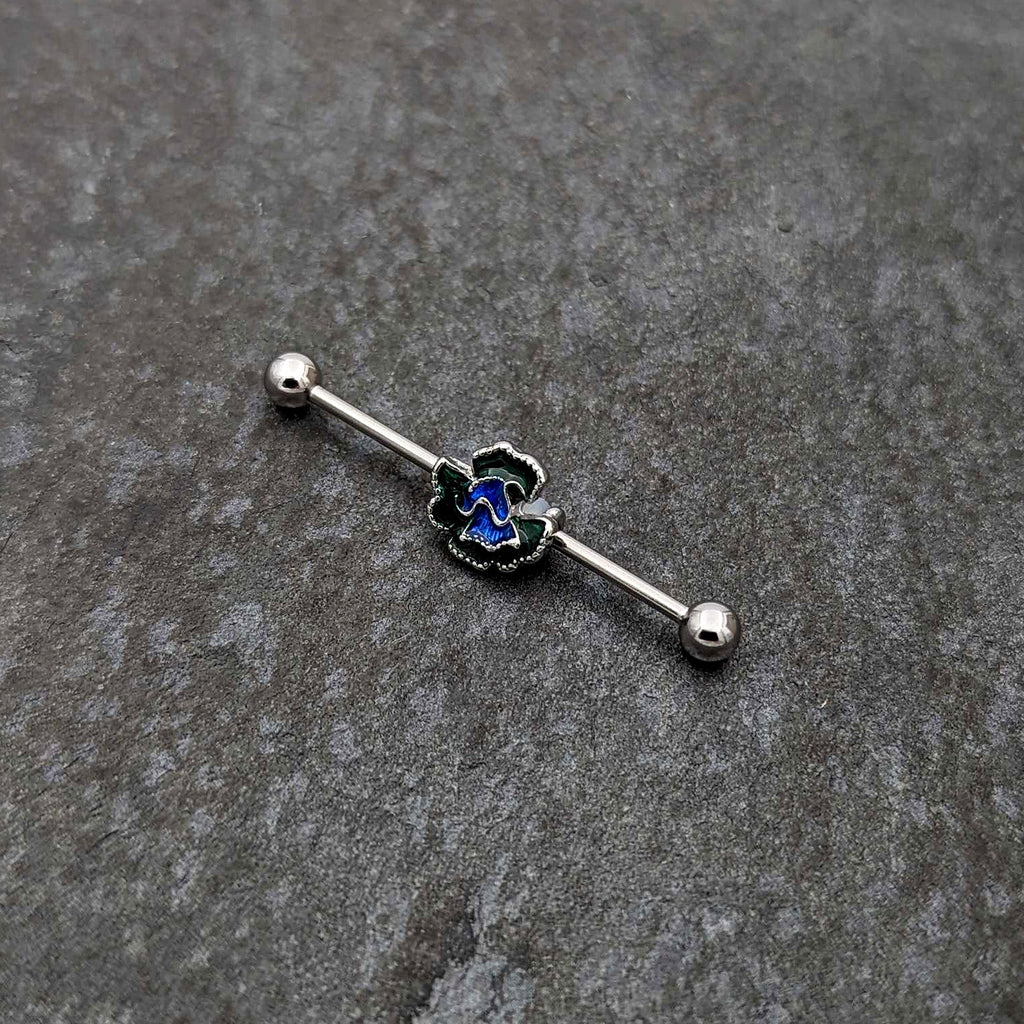 BodyCandy 14G Spring Flower Green Blue Industrial Barbell 38mm — side view