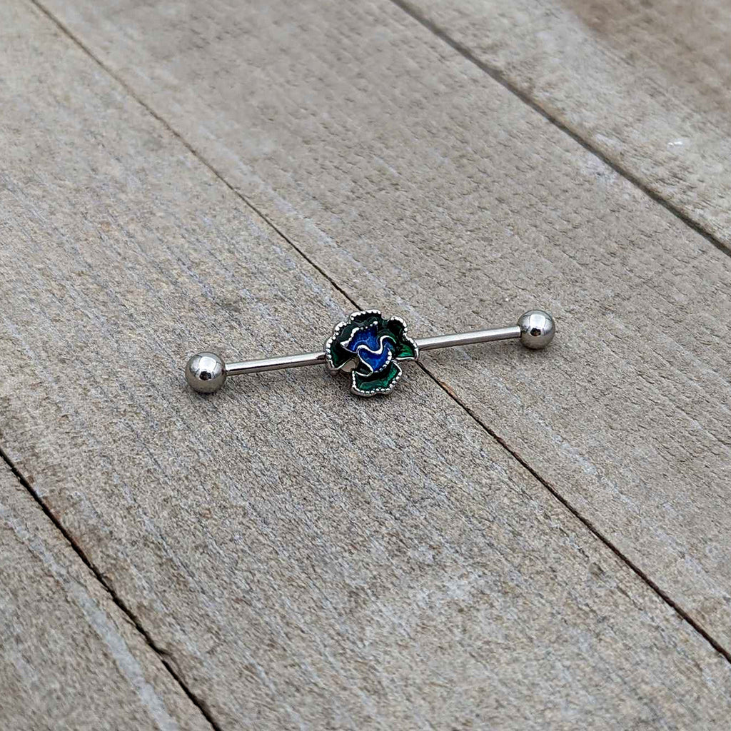BodyCandy 14G Spring Flower Green Blue Industrial Barbell 38mm — back view