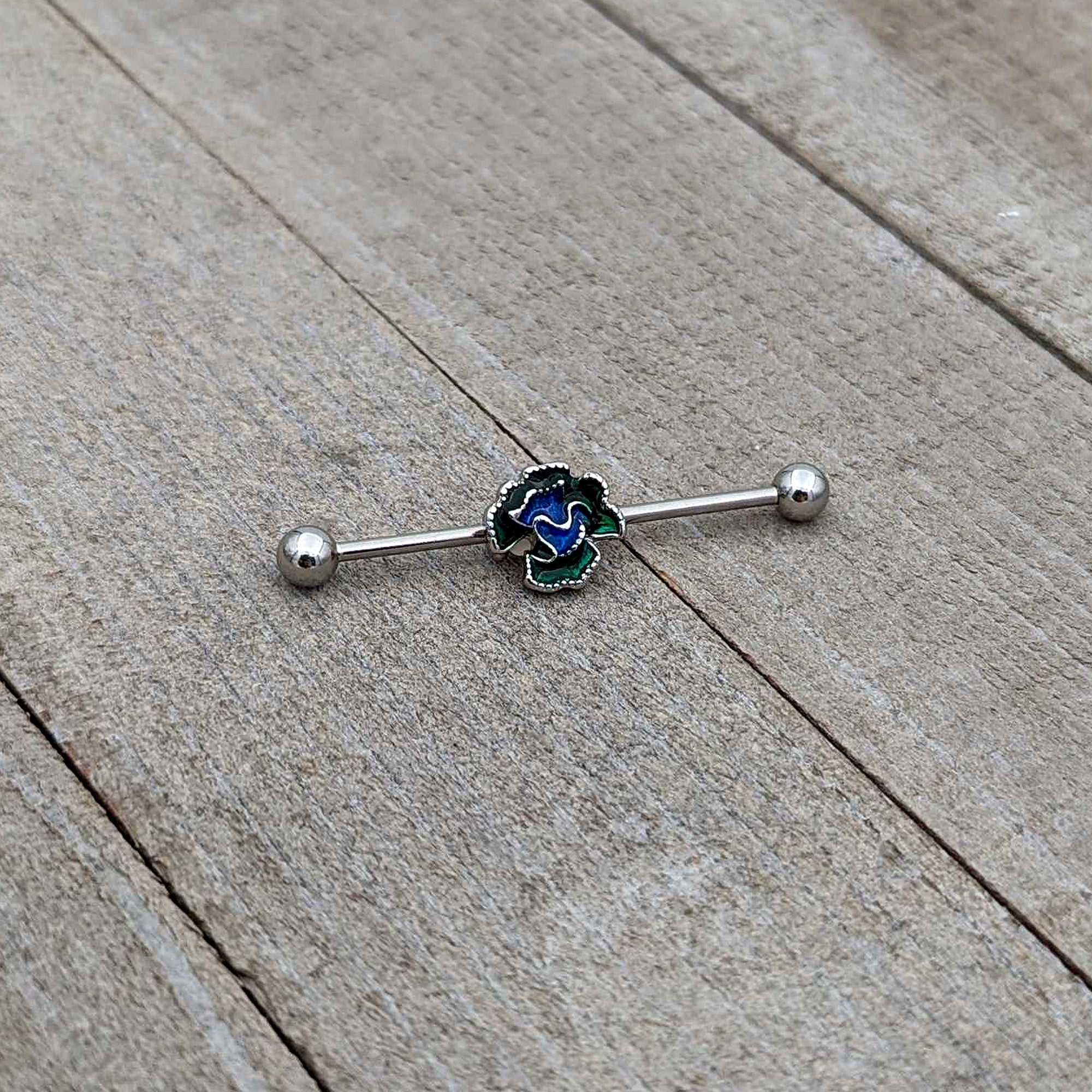 BodyCandy 14G Spring Flower Green Blue Industrial Barbell 38mm — back view