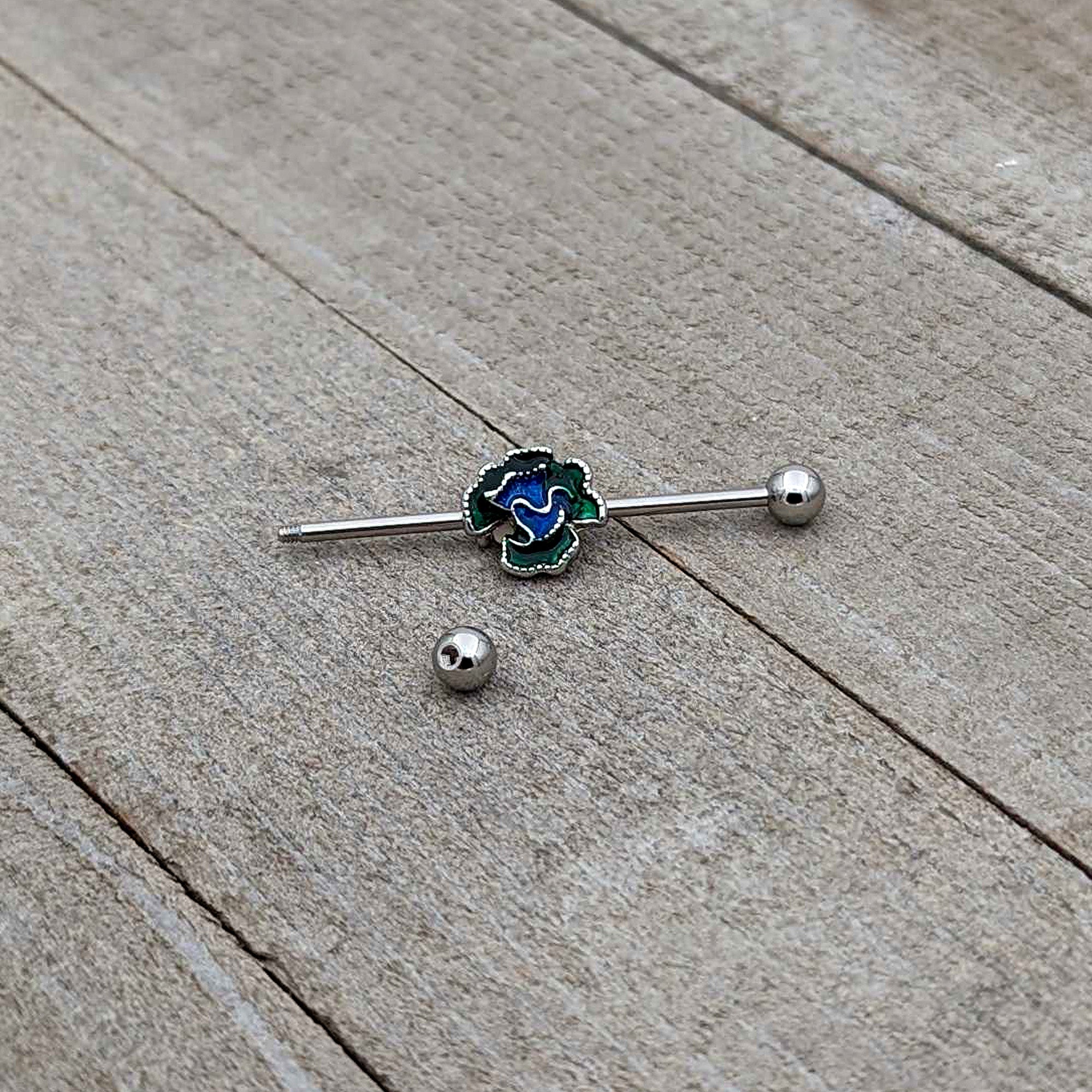 BodyCandy 14G Spring Flower Green Blue Industrial Barbell 38mm — alternative angle