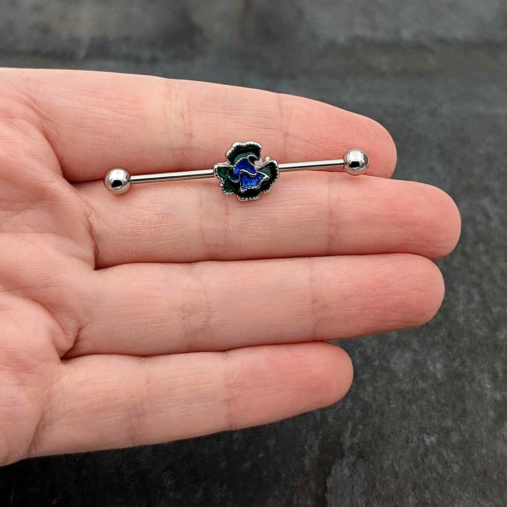 BodyCandy 14G Spring Flower Green Blue Industrial Barbell 38mm — in-use photo