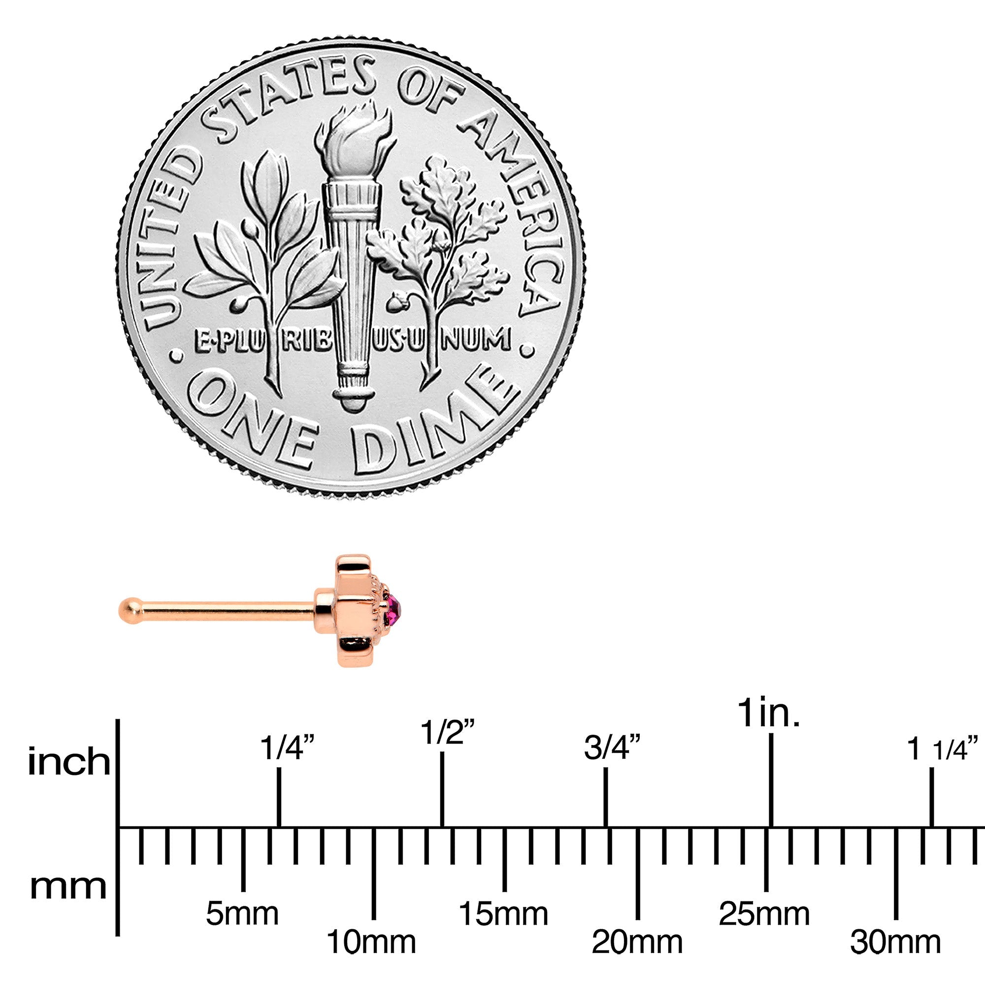 BodyCandy 20G 1/4 Red Gem Rose Gold Tone Octogram Star Nose Bone — side view