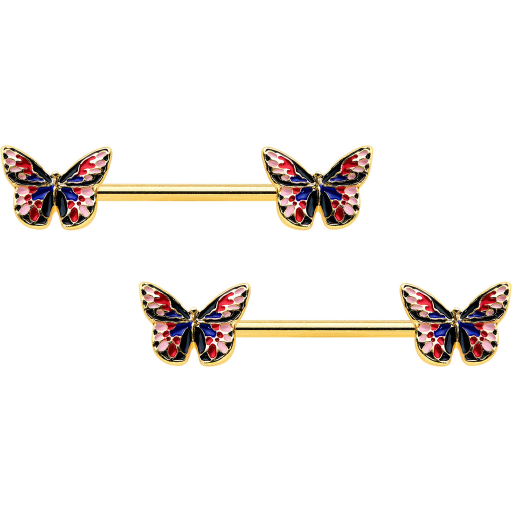 BodyCandy 14G 5/8 Gold Tone Pink Blue Red Butterfly Barbell Nipple Ring Set — main product shot