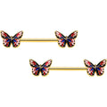 BodyCandy 14G 5/8 Gold Tone Pink Blue Red Butterfly Barbell Nipple Ring Set — main product shot