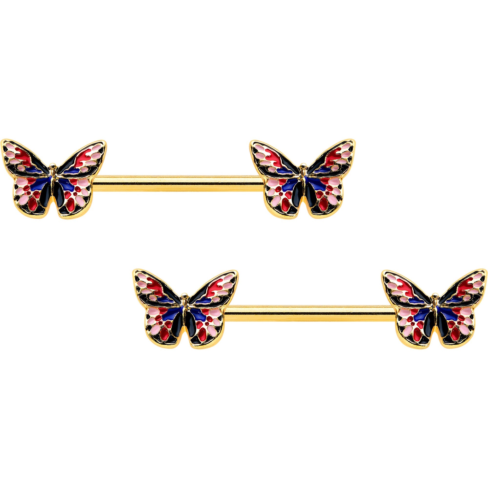 BodyCandy 14G 5/8 Gold Tone Pink Blue Red Butterfly Barbell Nipple Ring Set — main product shot