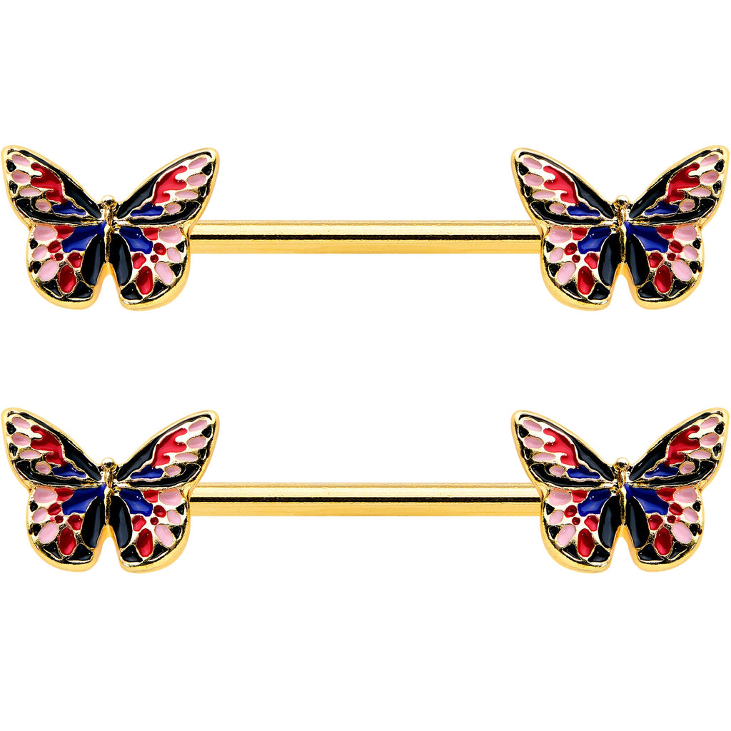 BodyCandy 14G 5/8 Gold Tone Pink Blue Red Butterfly Barbell Nipple Ring Set — detail close-up
