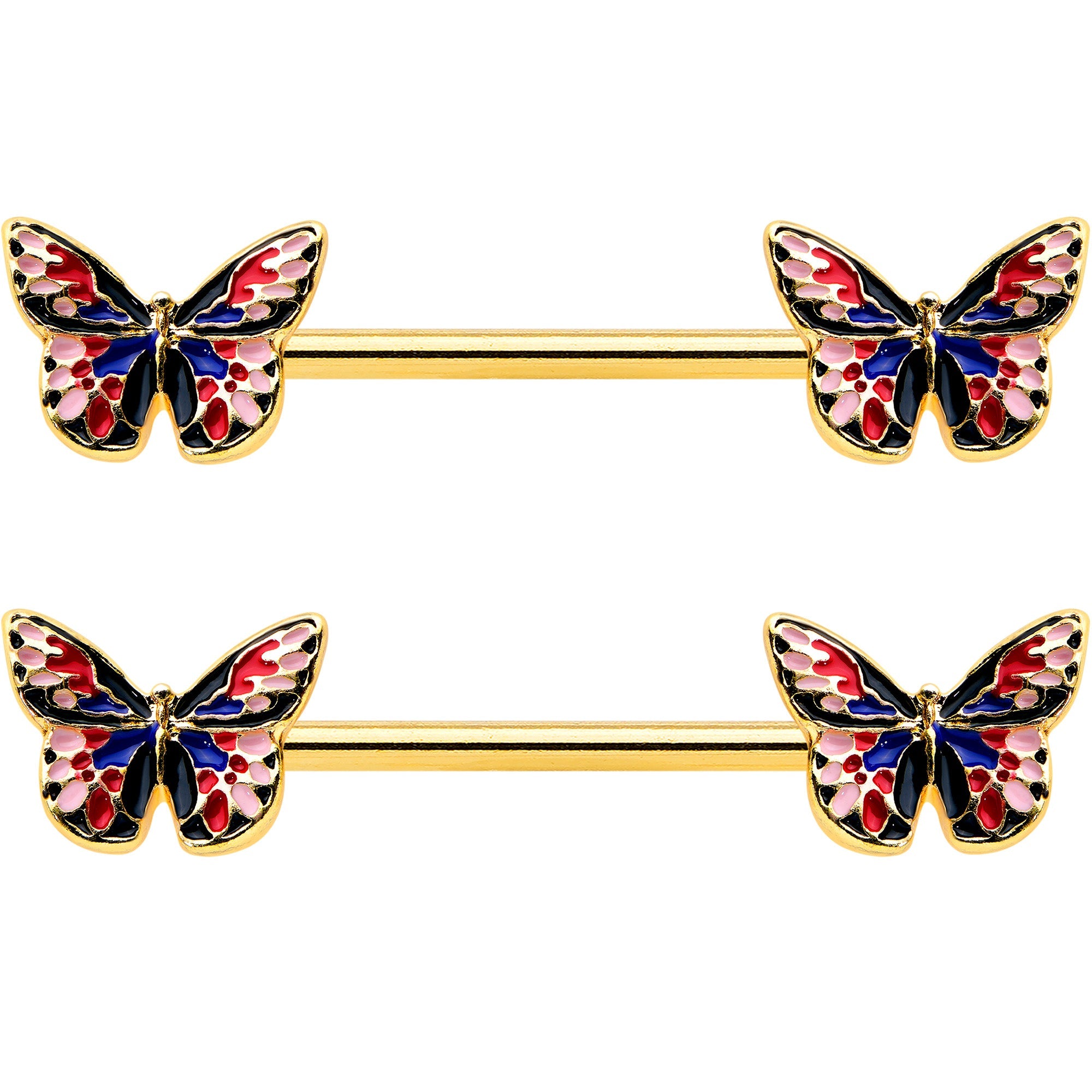 BodyCandy 14G 5/8 Gold Tone Pink Blue Red Butterfly Barbell Nipple Ring Set — detail close-up